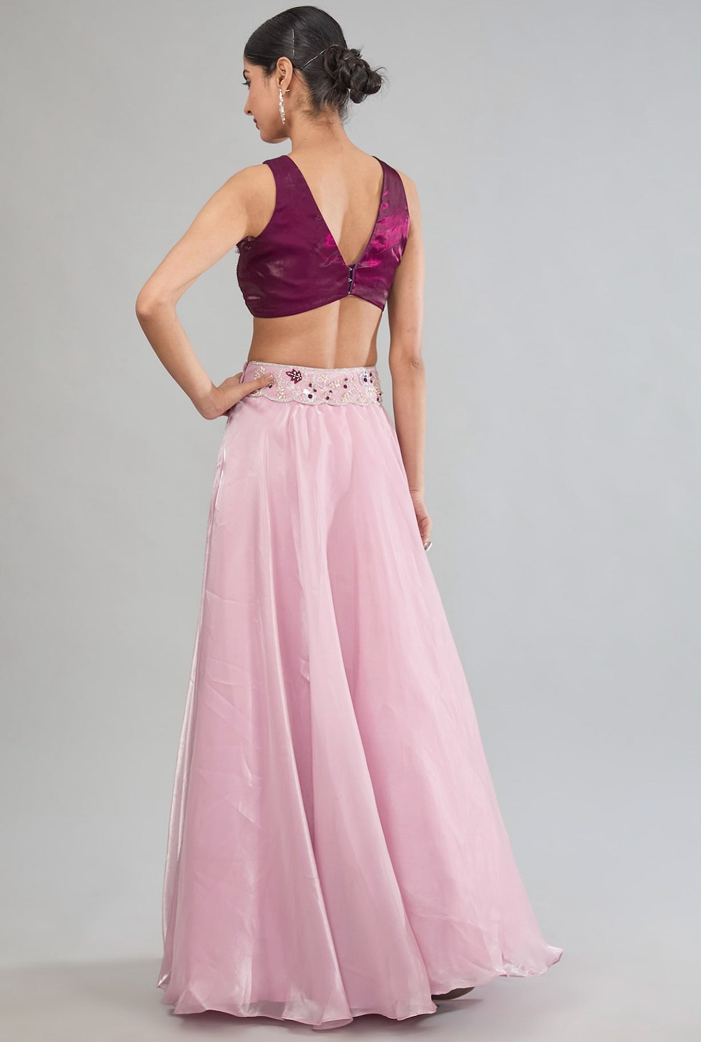 Purple Hand embroidered Italian satin Cape lehenga set