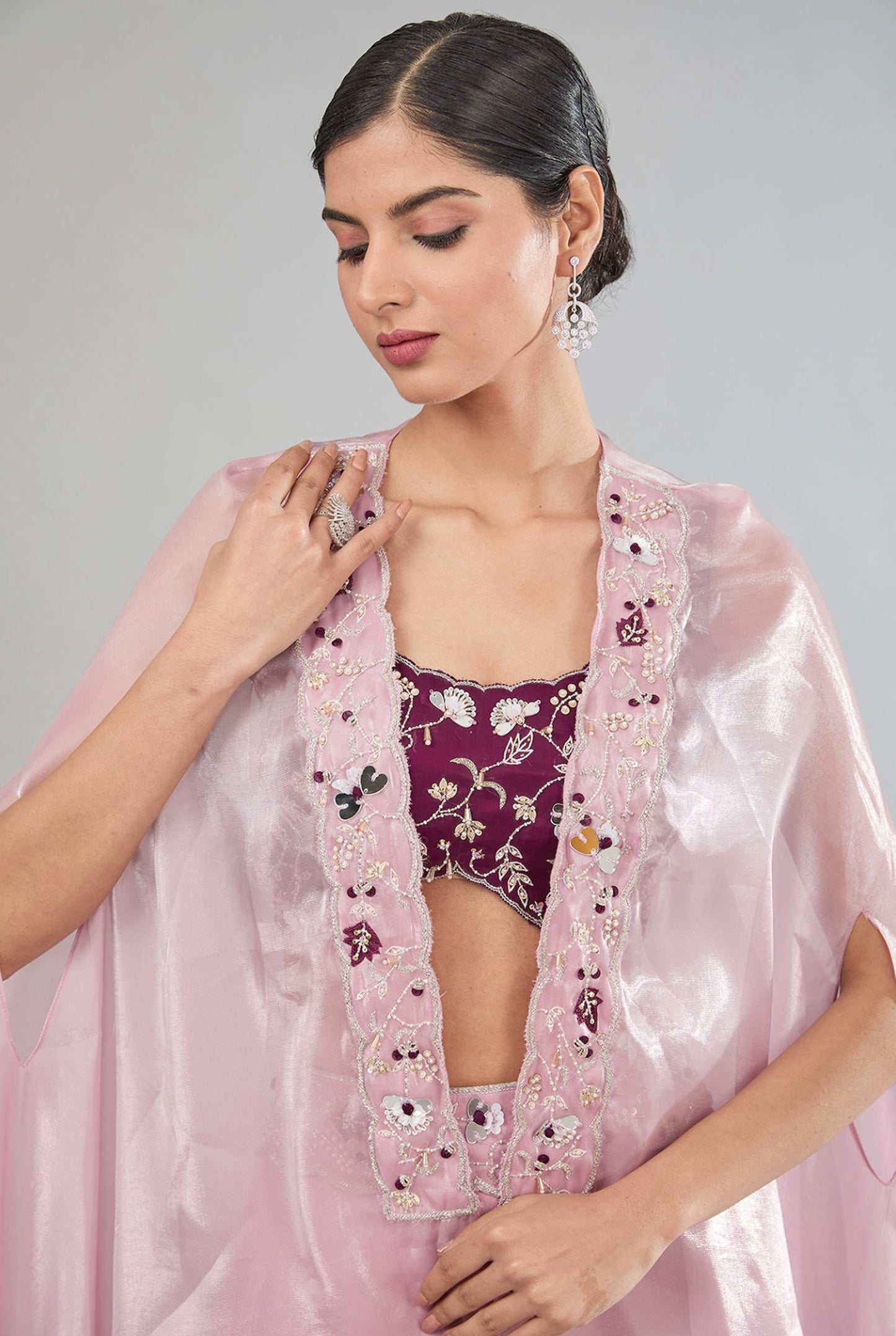 Purple Hand embroidered Italian satin Cape lehenga set