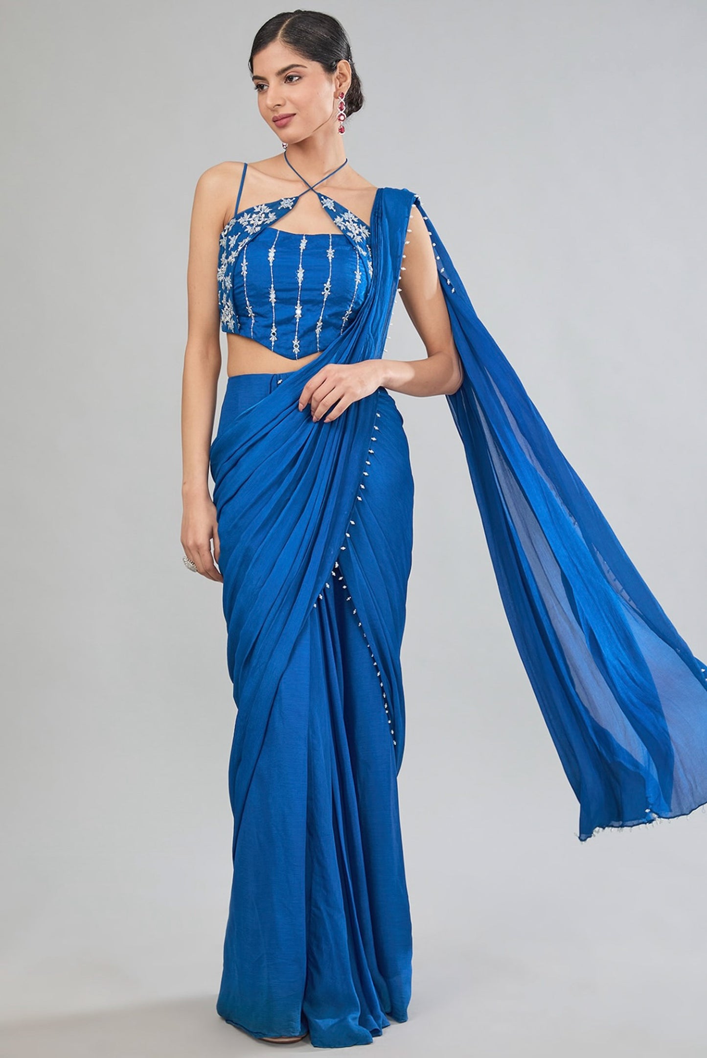 Blue Hand Embroidered Chinnon Corset Pre Drape saree