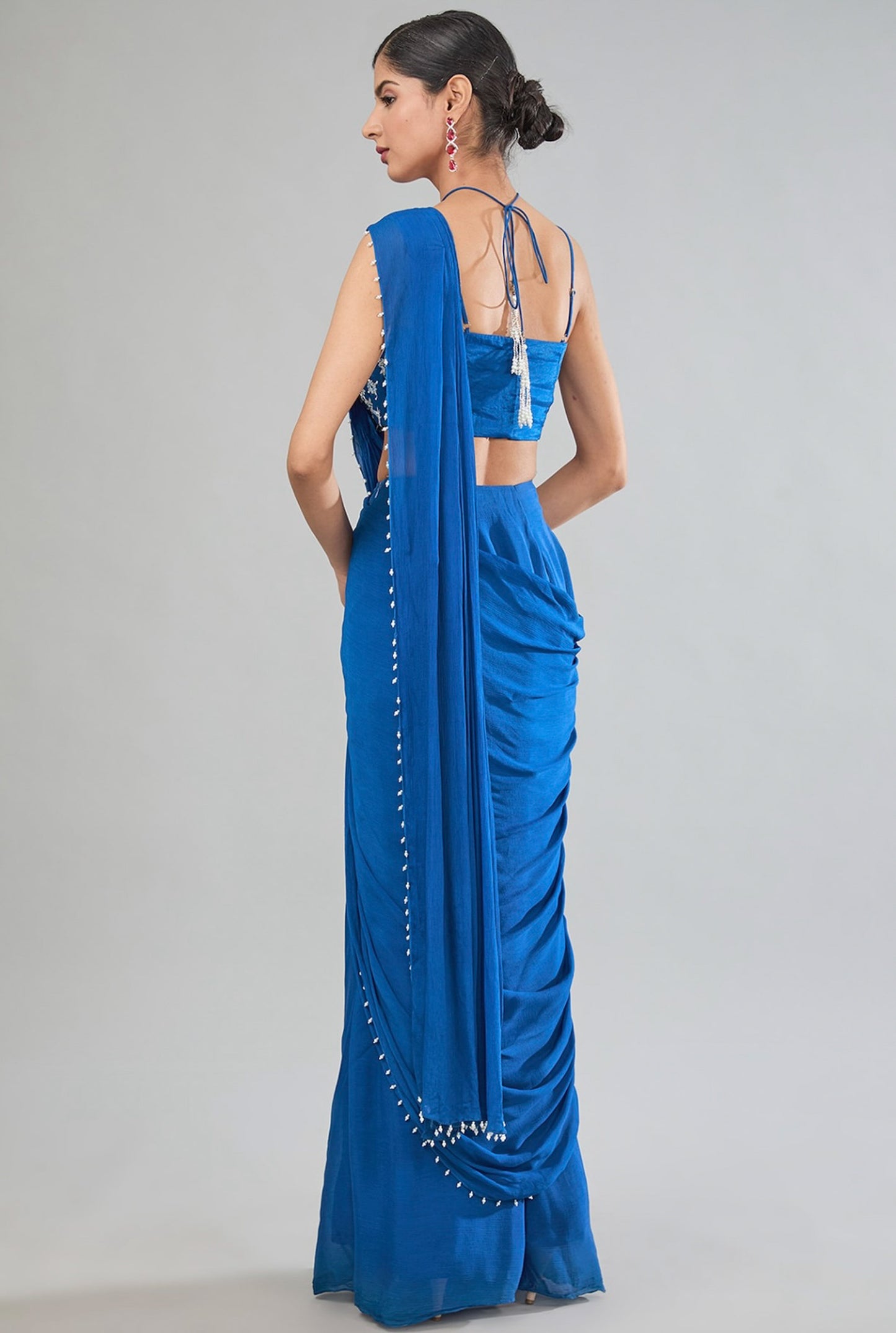 Blue Hand Embroidered Chinnon Corset Pre Drape saree