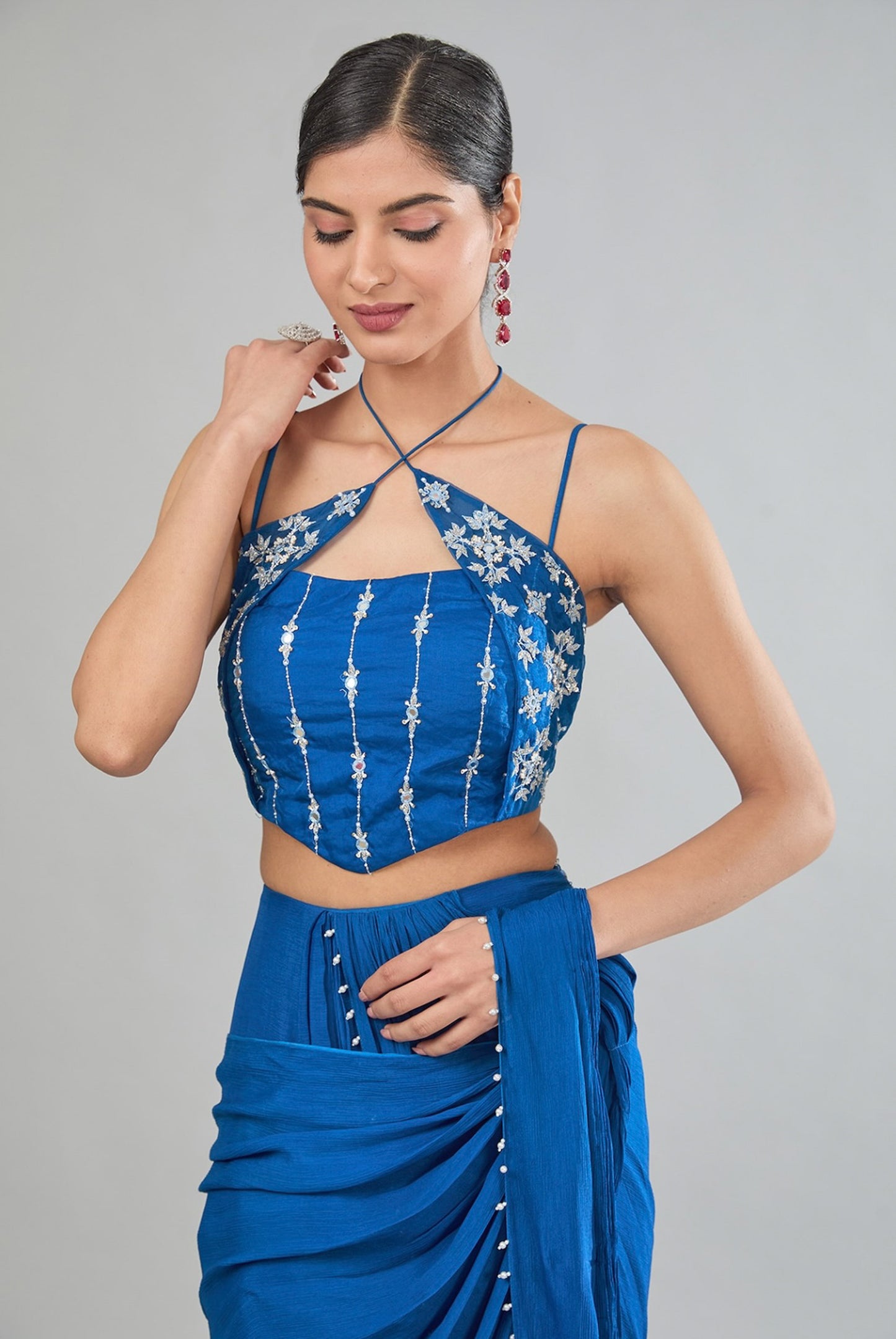 Blue Hand Embroidered Chinnon Corset Pre Drape saree