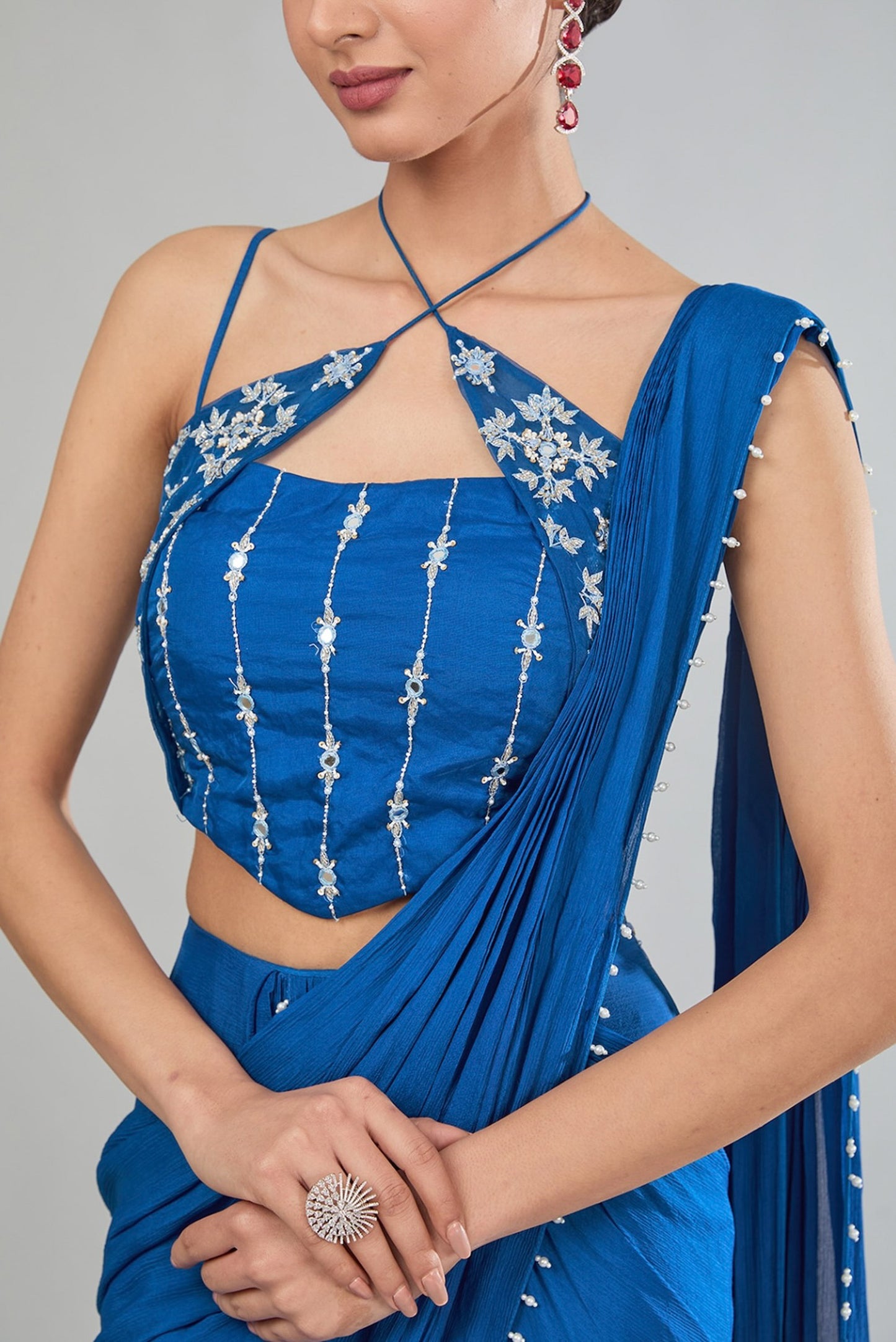 Blue Hand Embroidered Chinnon Corset Pre Drape saree