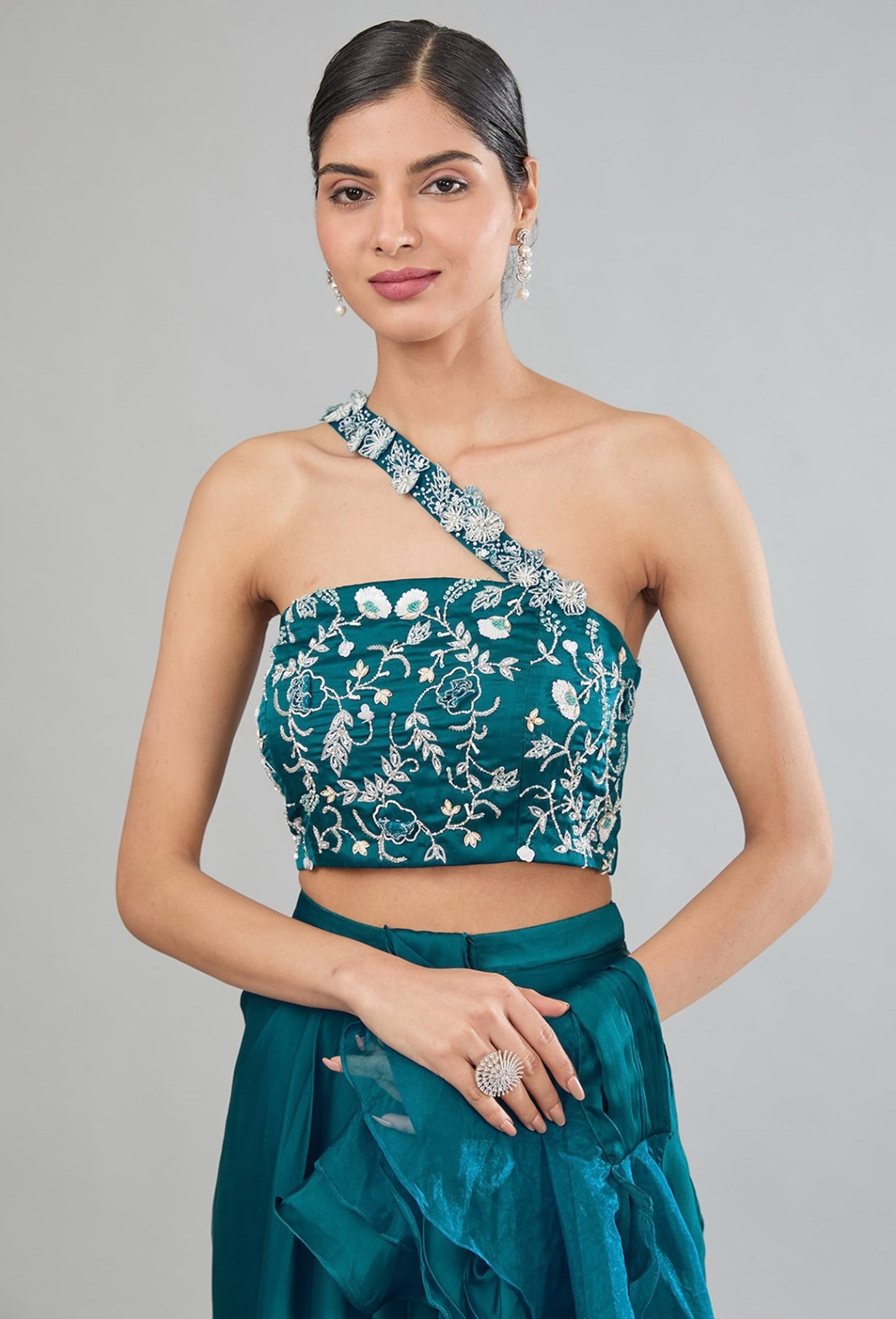 Green Satin Drape skirt with attached pallu and blouse