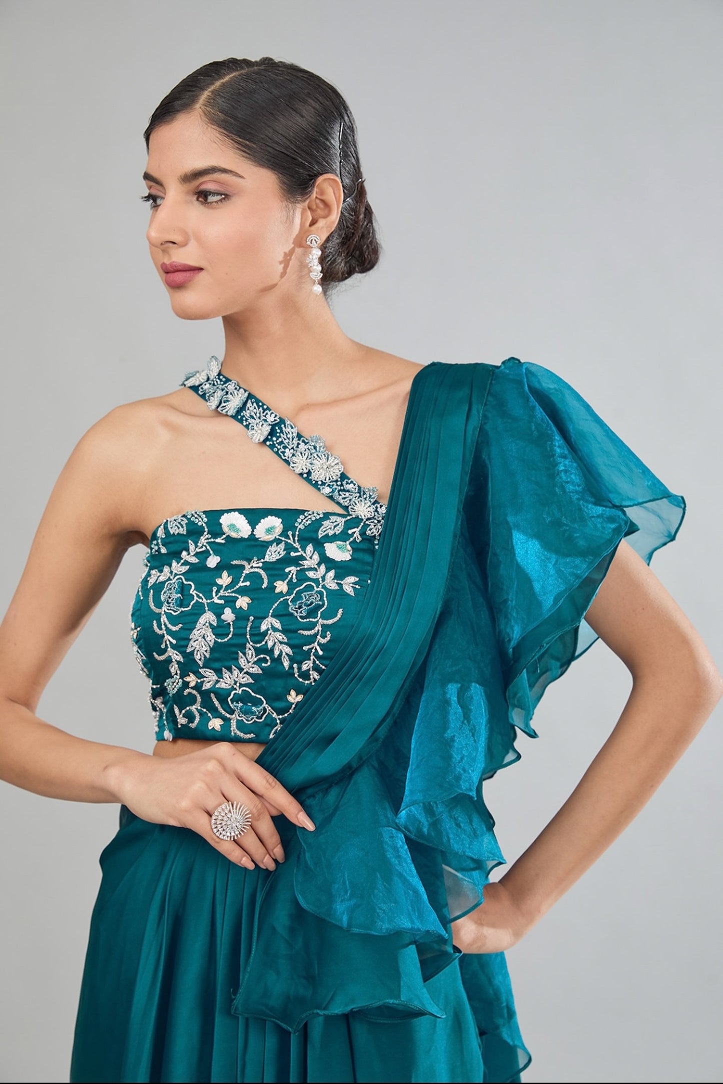 Green Satin Drape skirt with attached pallu and blouse