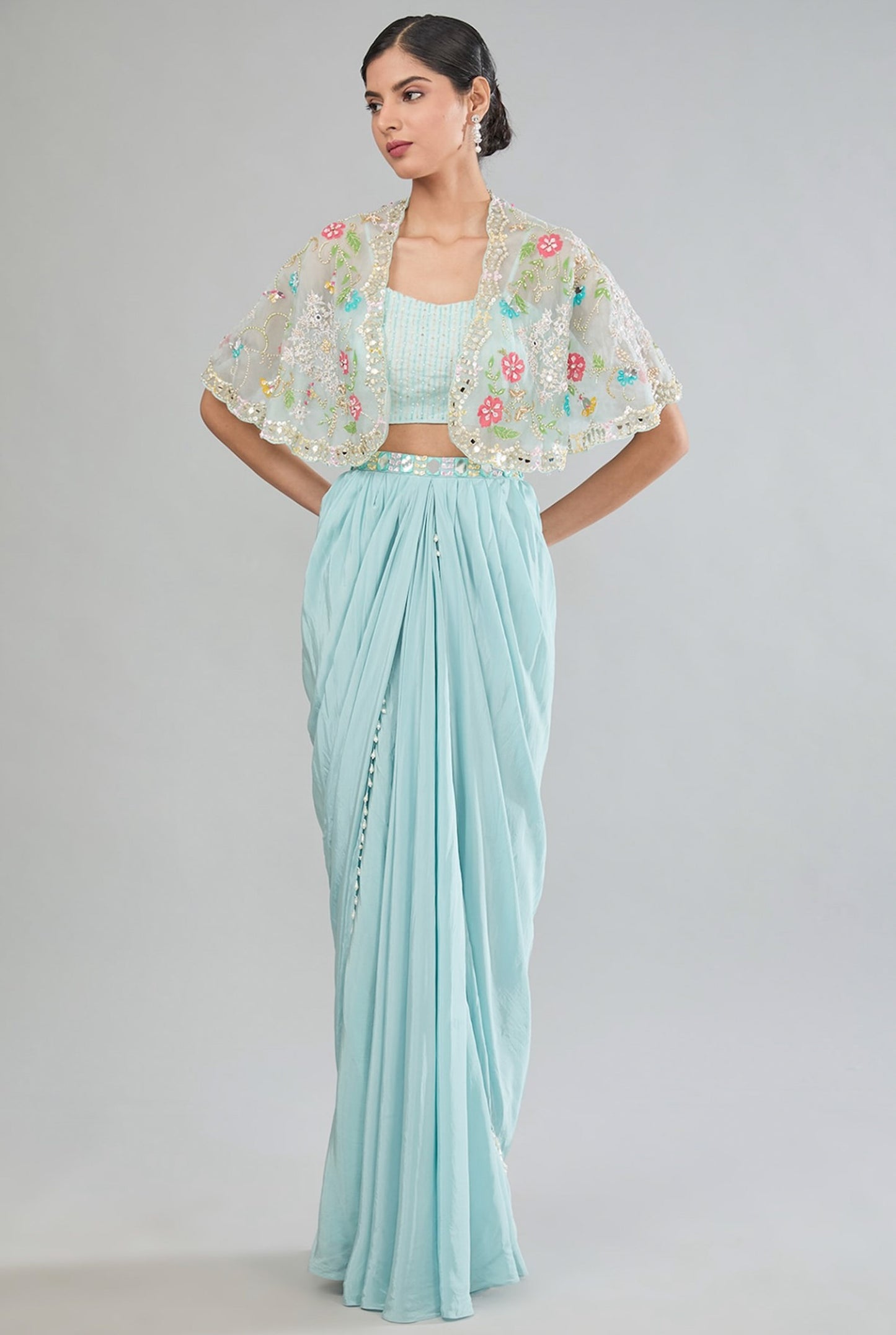 Blue Hand Embroidered Drape skirt with bustier and cape