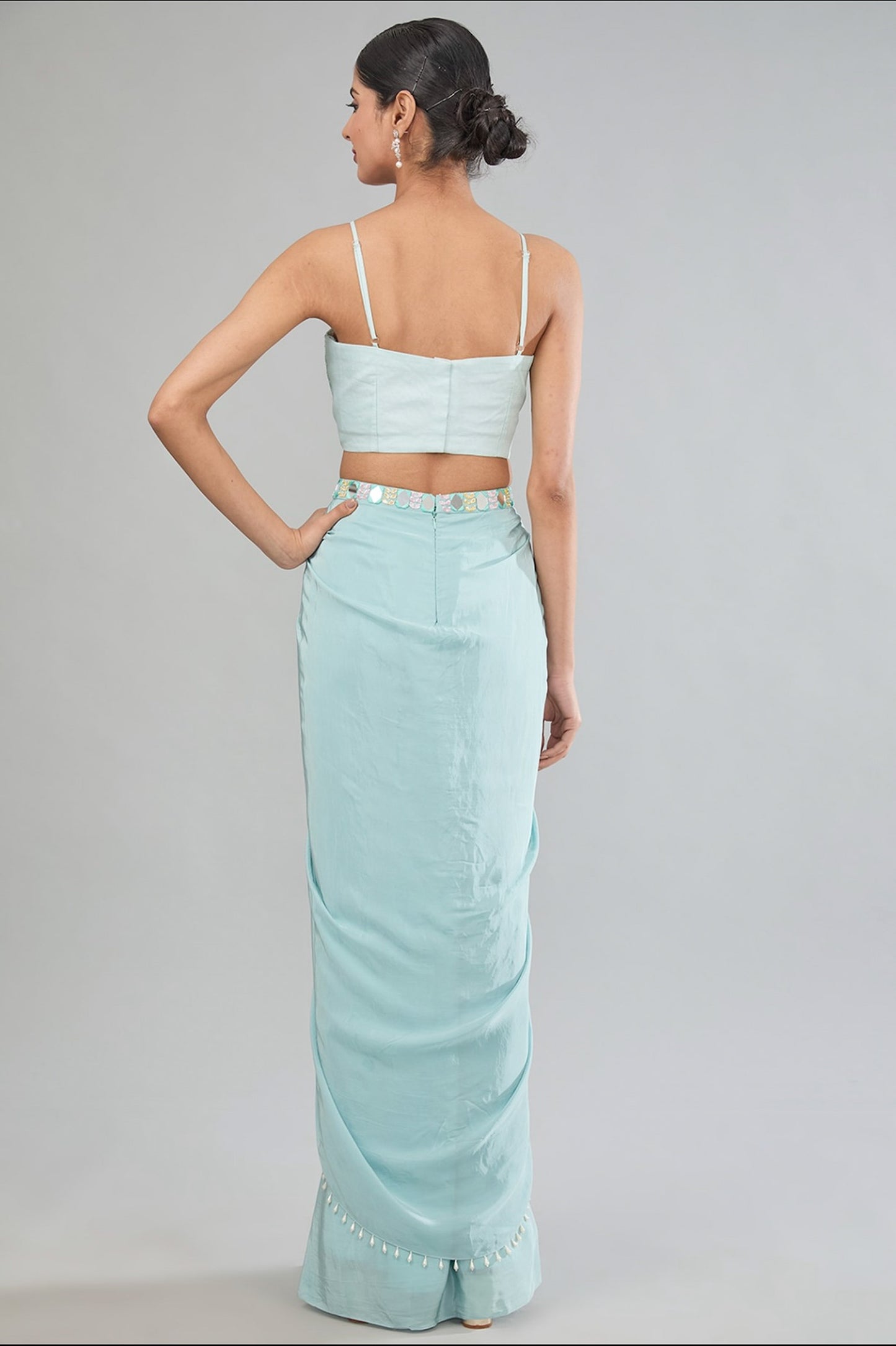 Blue Hand Embroidered Drape skirt with bustier and cape