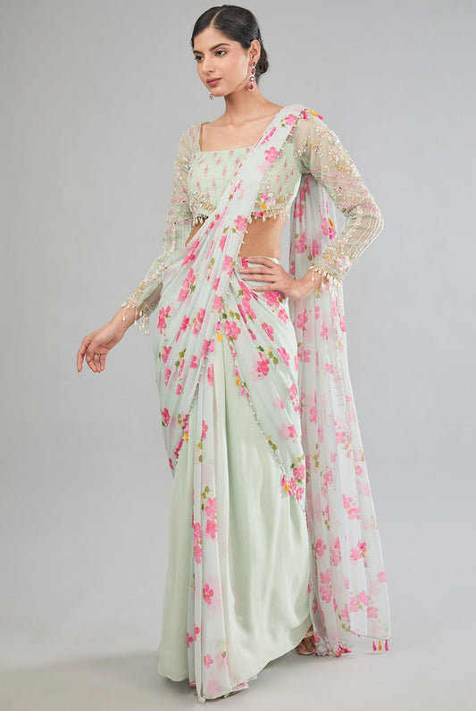 Green Chiffon Hand Embroidered Floral Corset Saree