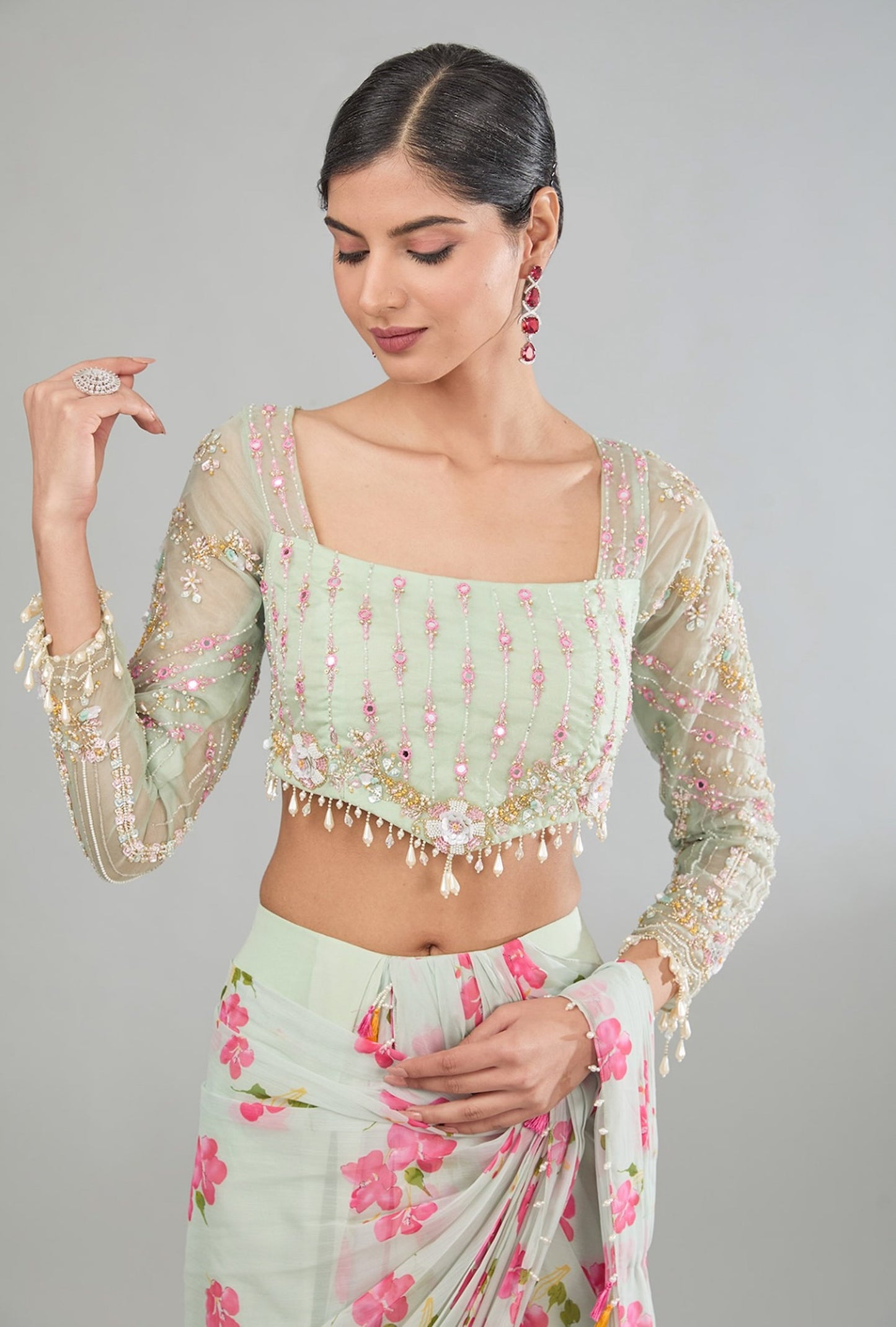 Green Chiffon Hand Embroidered Floral Corset Saree