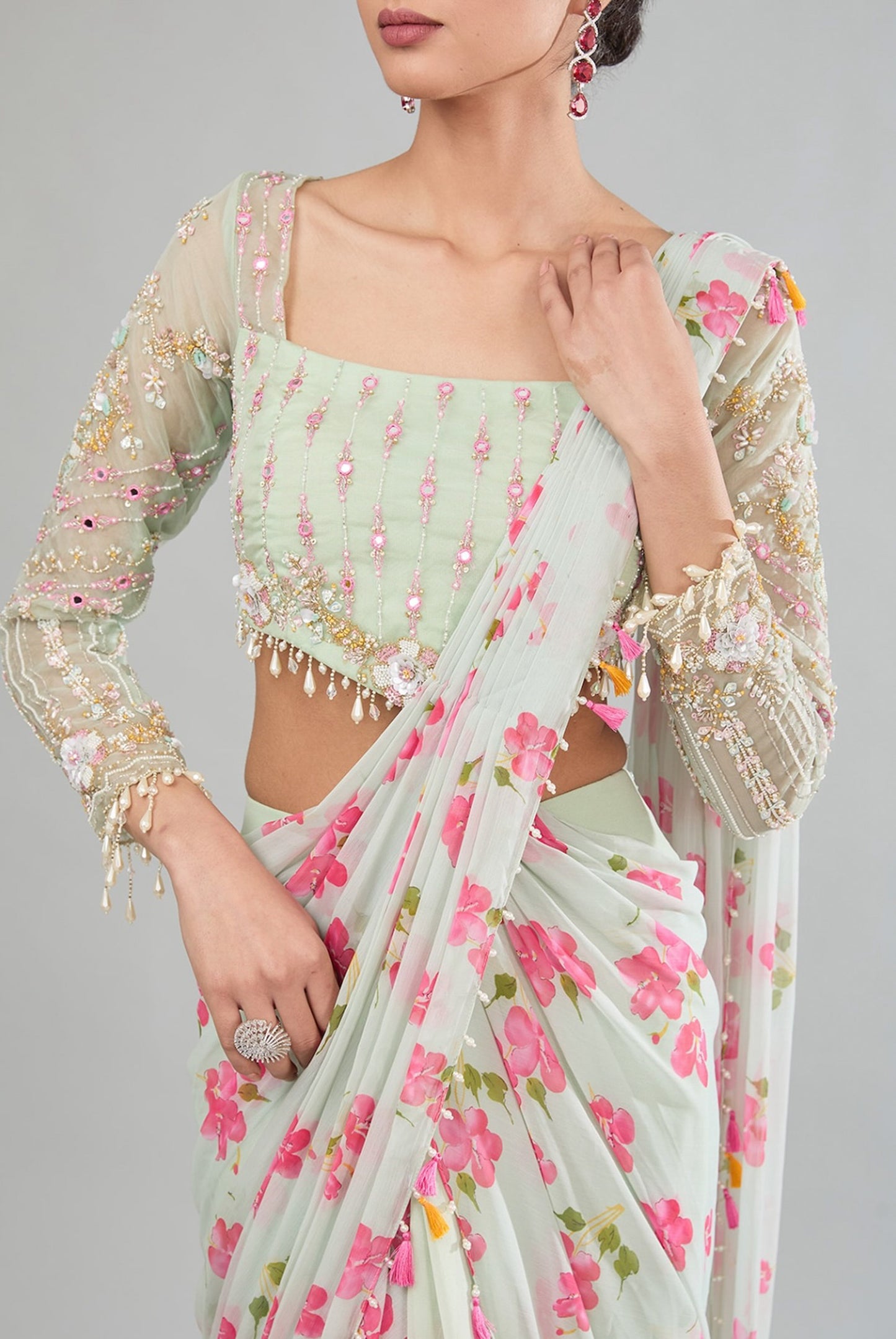 Green Chiffon Hand Embroidered Floral Corset Saree