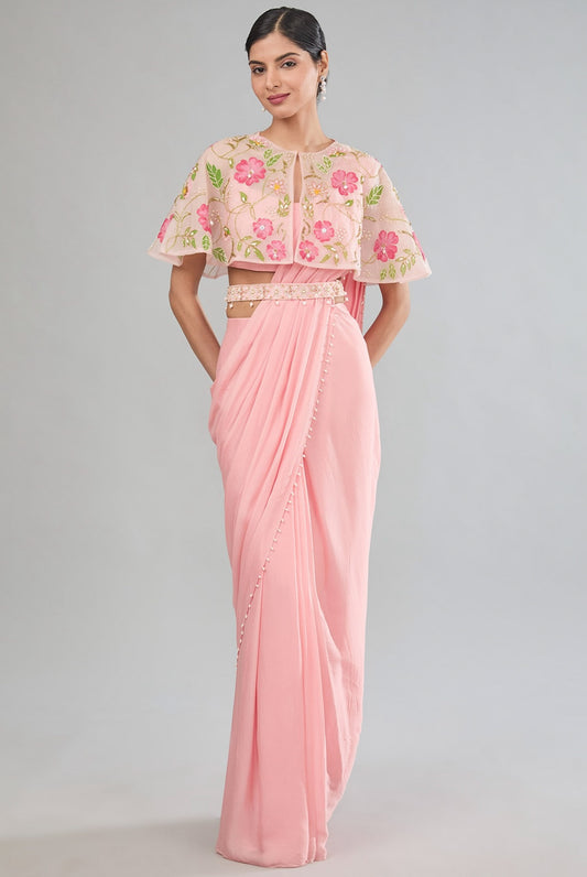 Pre drape Pink skirt set with cape and belt