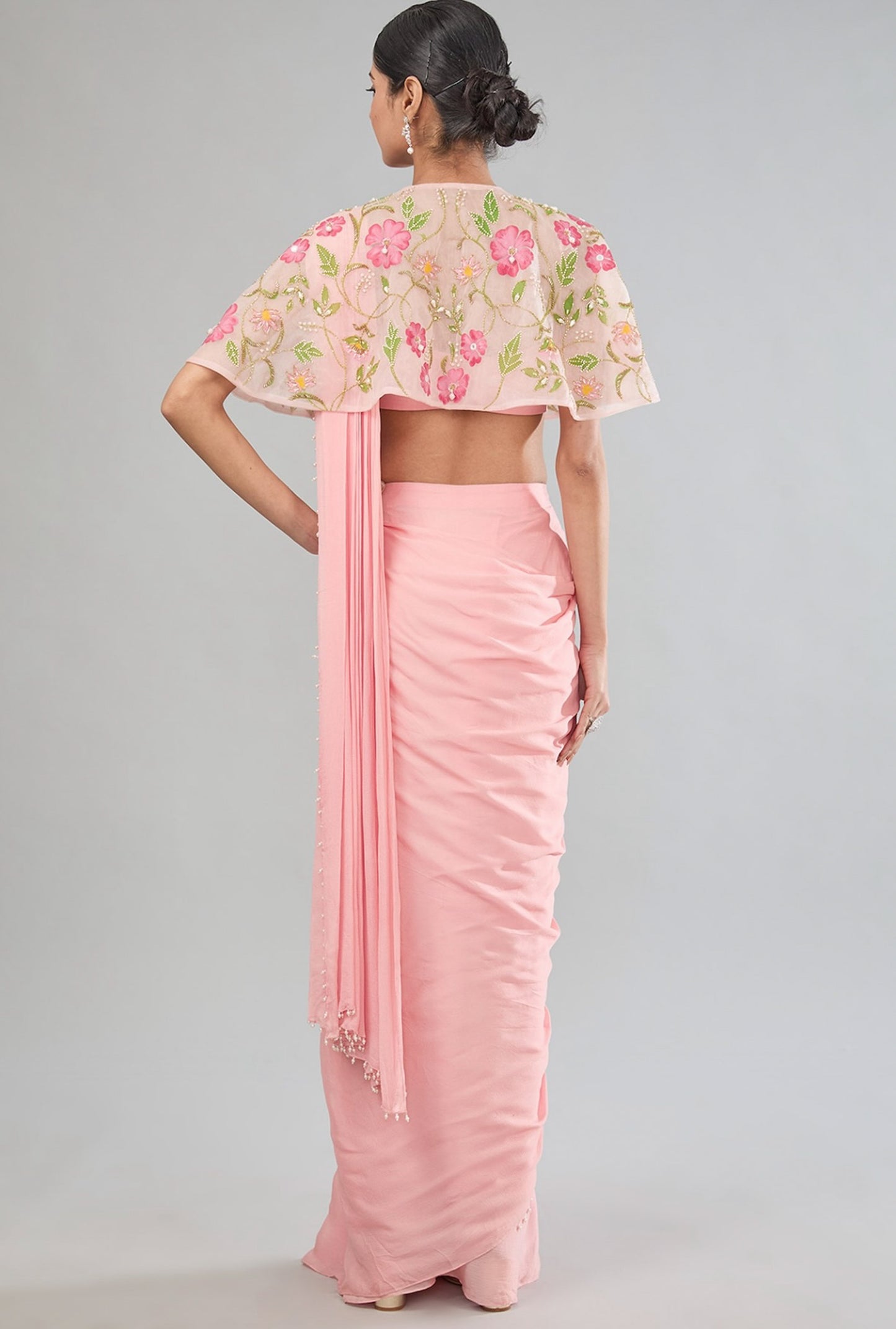 Pre drape Pink skirt set with cape and belt