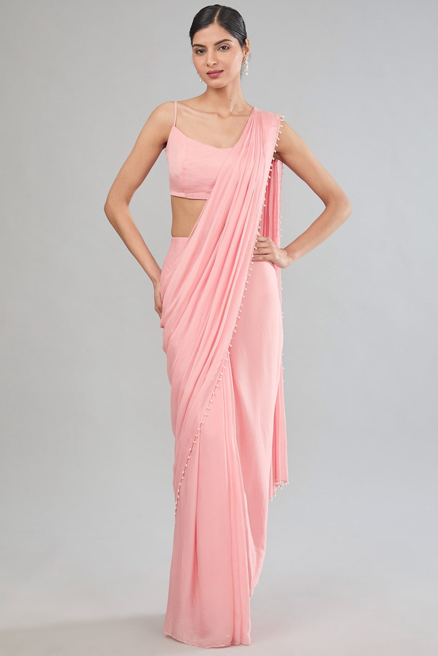 Pre drape Pink skirt set with cape and belt