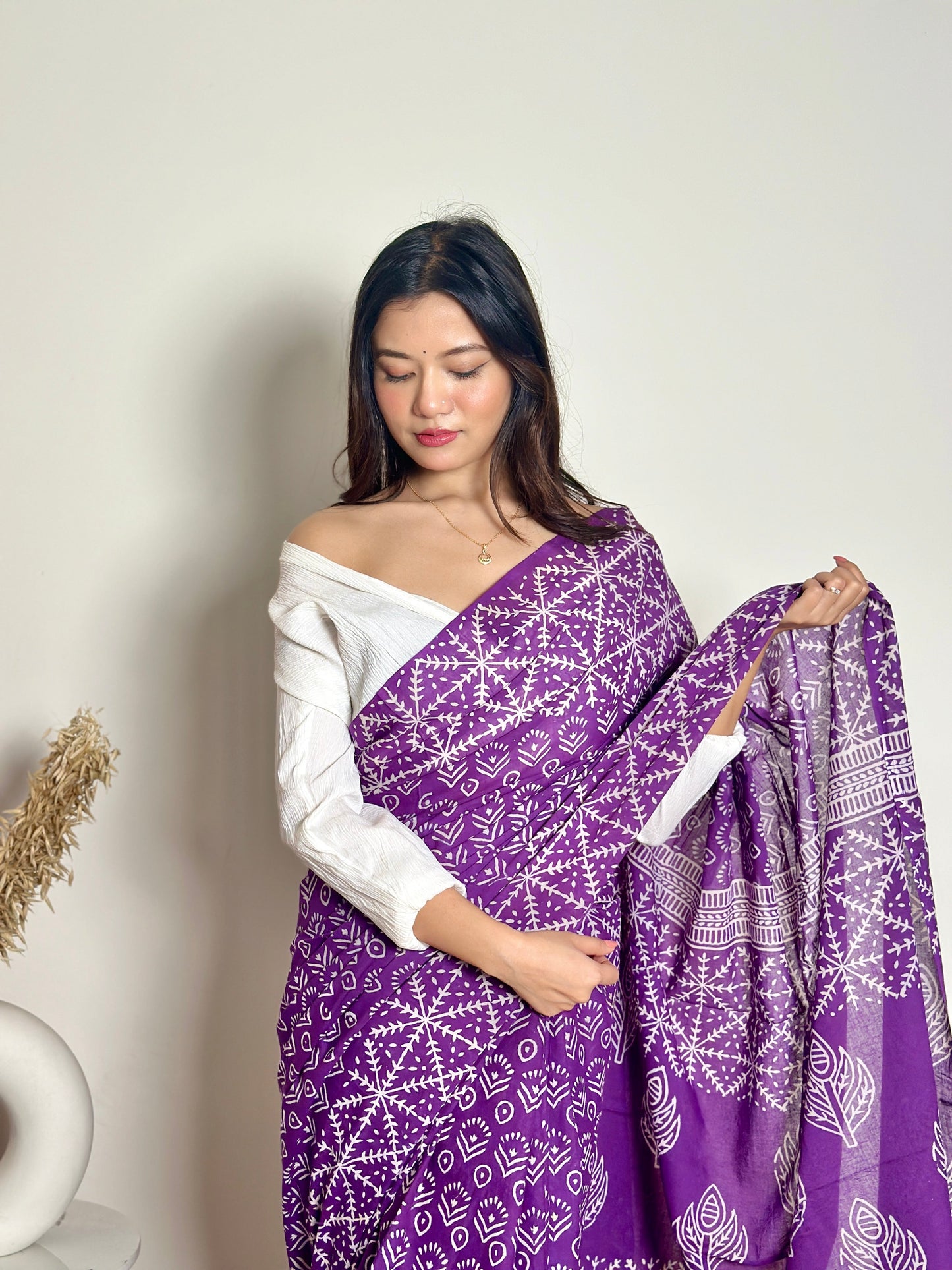 Old School Romance Handblock Print Natural Dyed - Purple Mulmul Cotton Saree