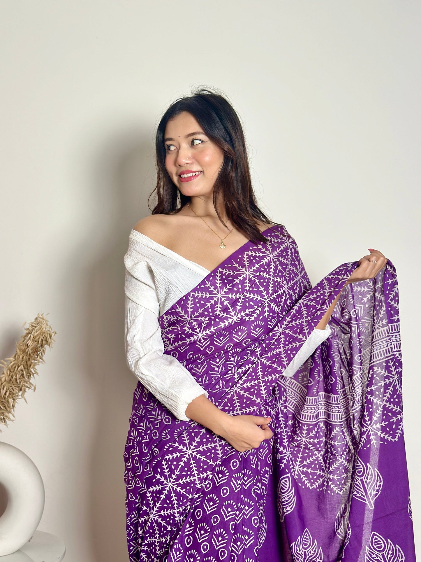 Old School Romance Handblock Print Natural Dyed - Purple Mulmul Cotton Saree