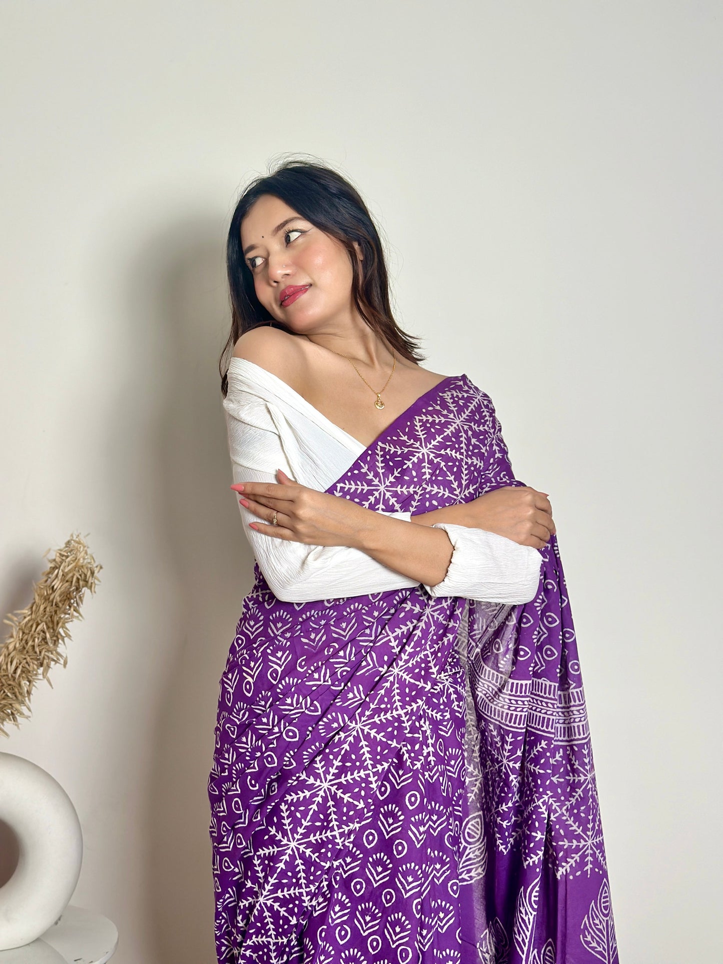 Old School Romance Handblock Print Natural Dyed - Purple Mulmul Cotton Saree