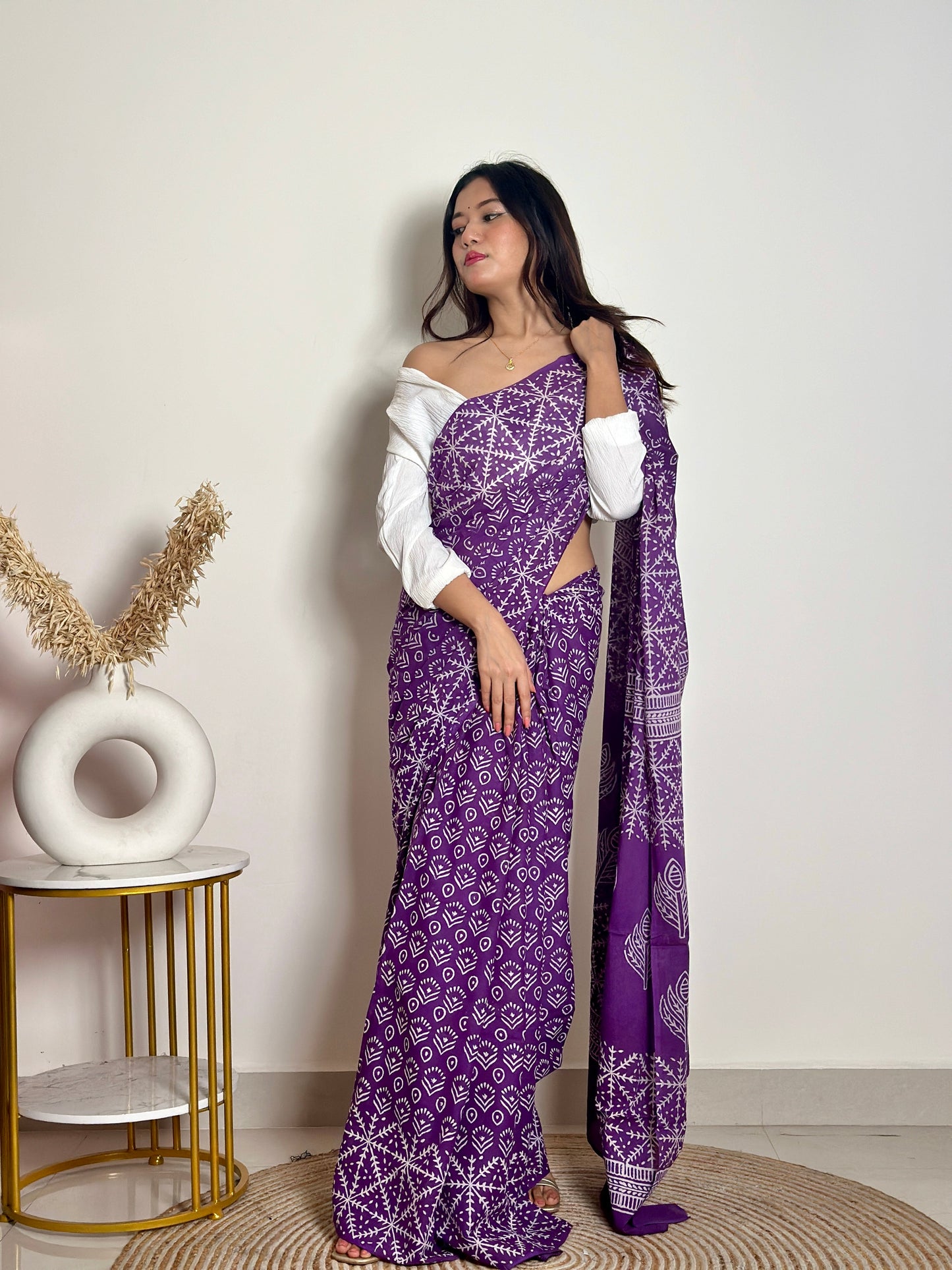 Old School Romance Handblock Print Natural Dyed - Purple Mulmul Cotton Saree