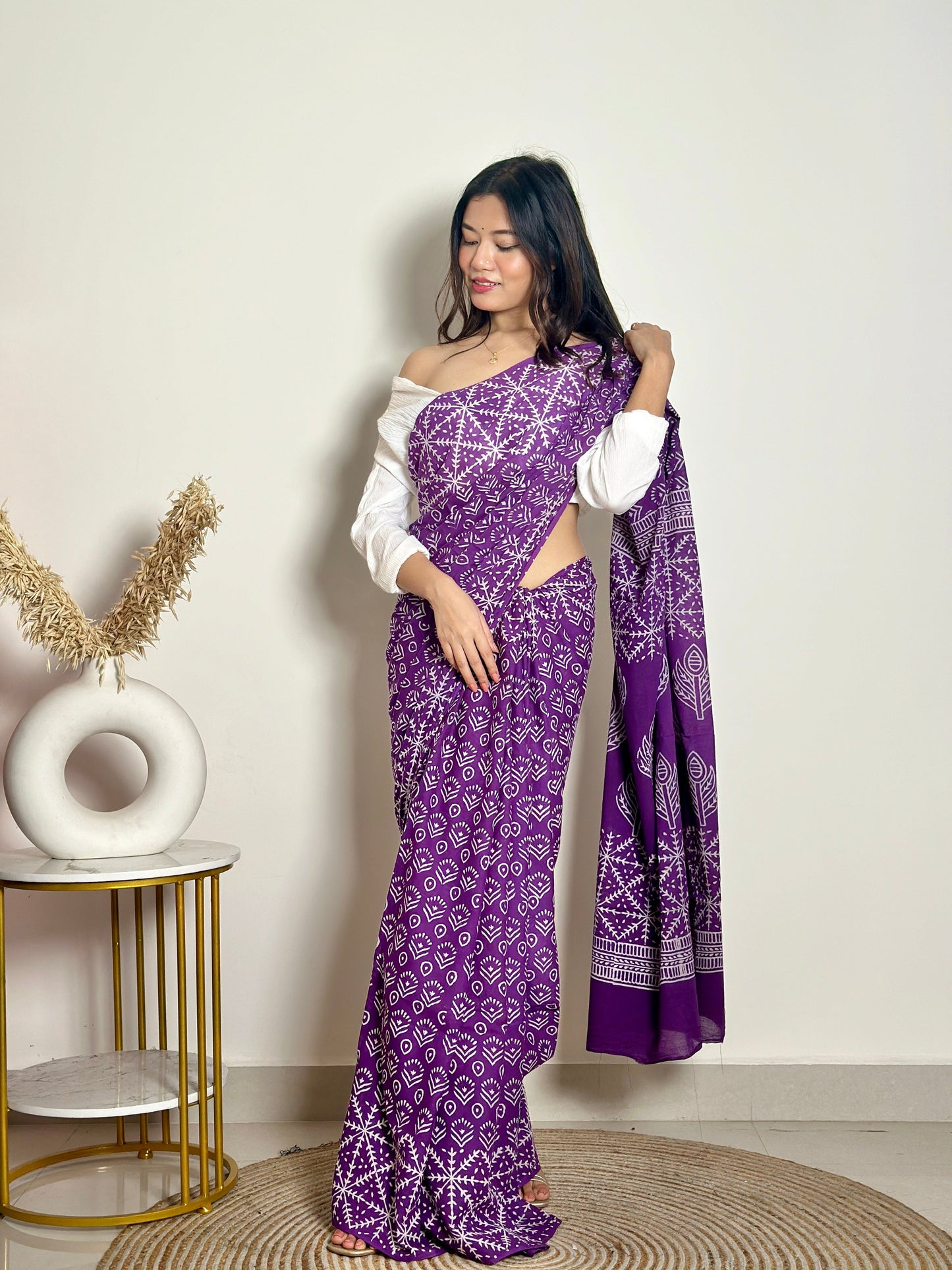 Old School Romance Handblock Print Natural Dyed - Purple Mulmul Cotton Saree