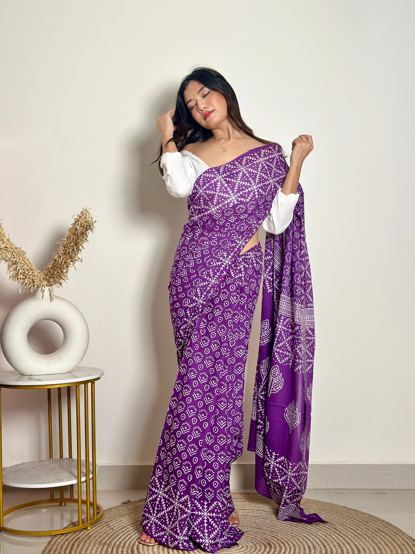 Old School Romance Handblock Print Natural Dyed - Purple Mulmul Cotton Saree