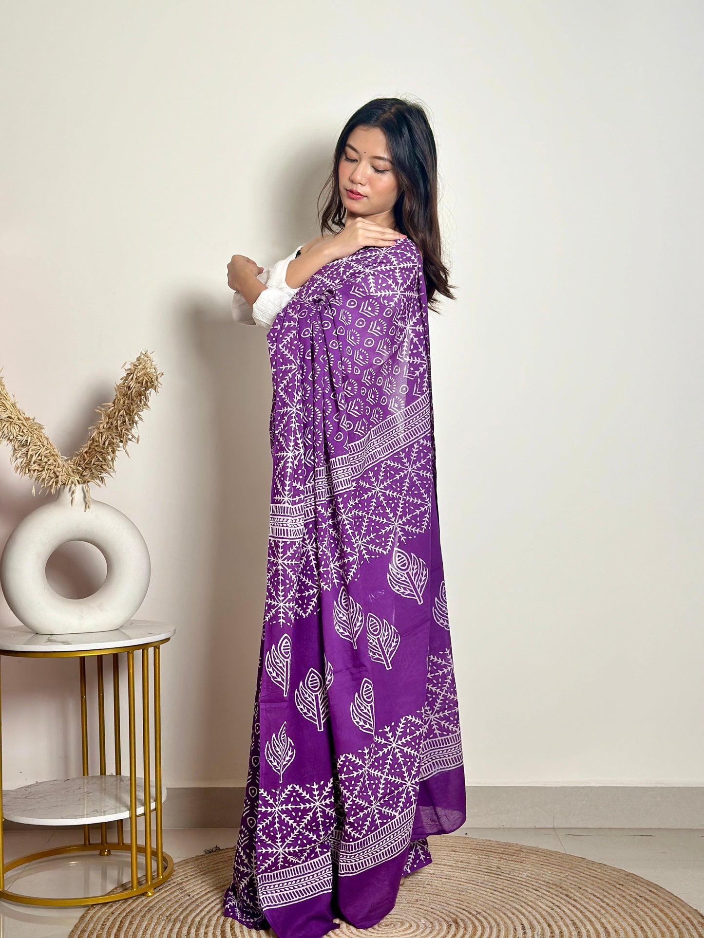 Old School Romance Handblock Print Natural Dyed - Purple Mulmul Cotton Saree