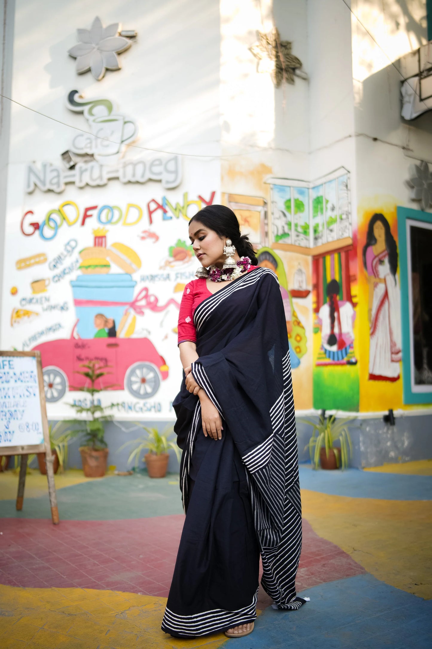 Coal Black - Handblock Print Natural Dyed - Mulmul Cotton Saree