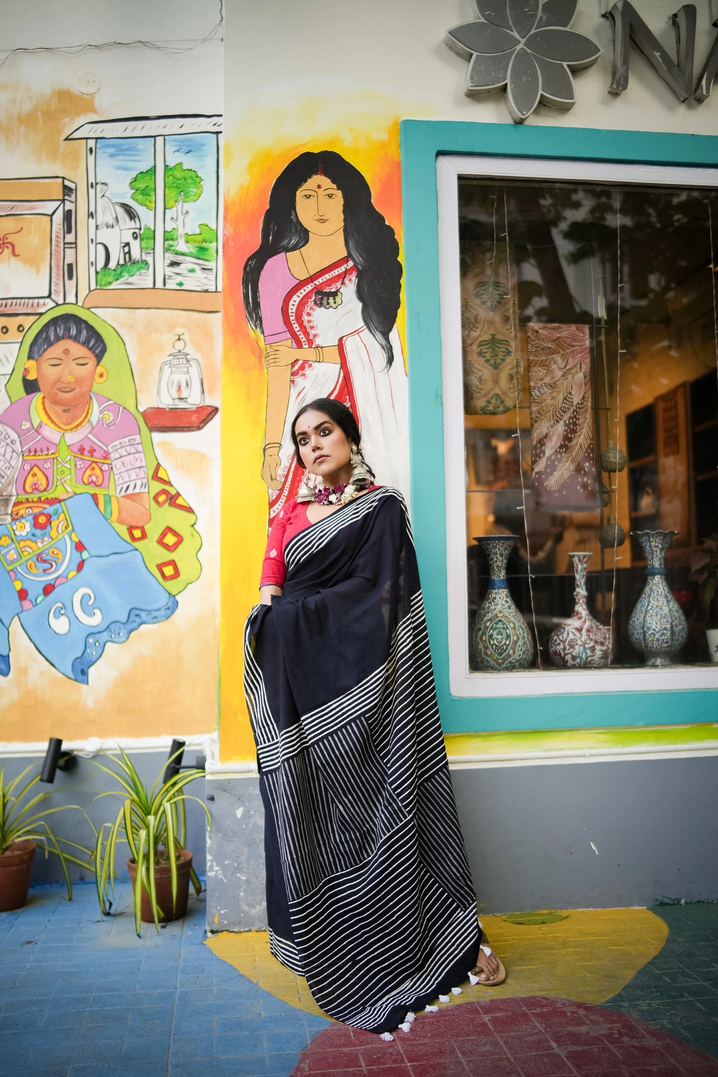 Coal Black - Handblock Print Natural Dyed - Mulmul Cotton Saree