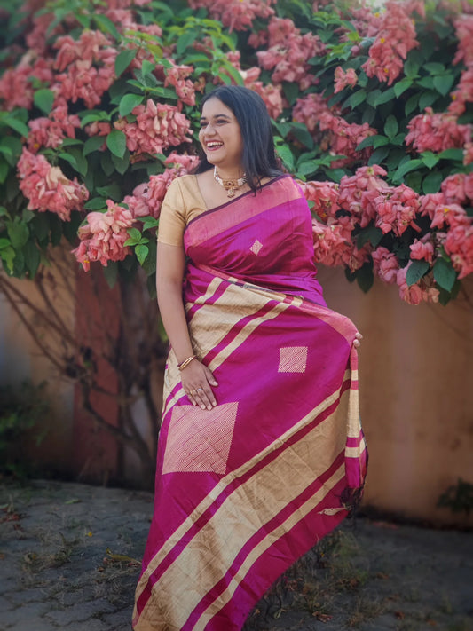 HulHuli Pink Gicha Silk Handloom saree