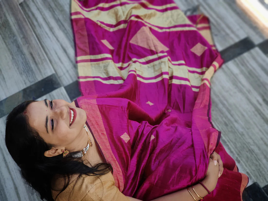 HulHuli Pink Gicha Silk Handloom saree