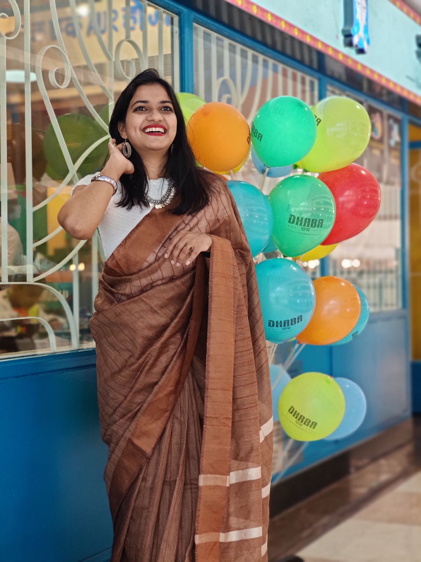 Brown striped kota viscose saree