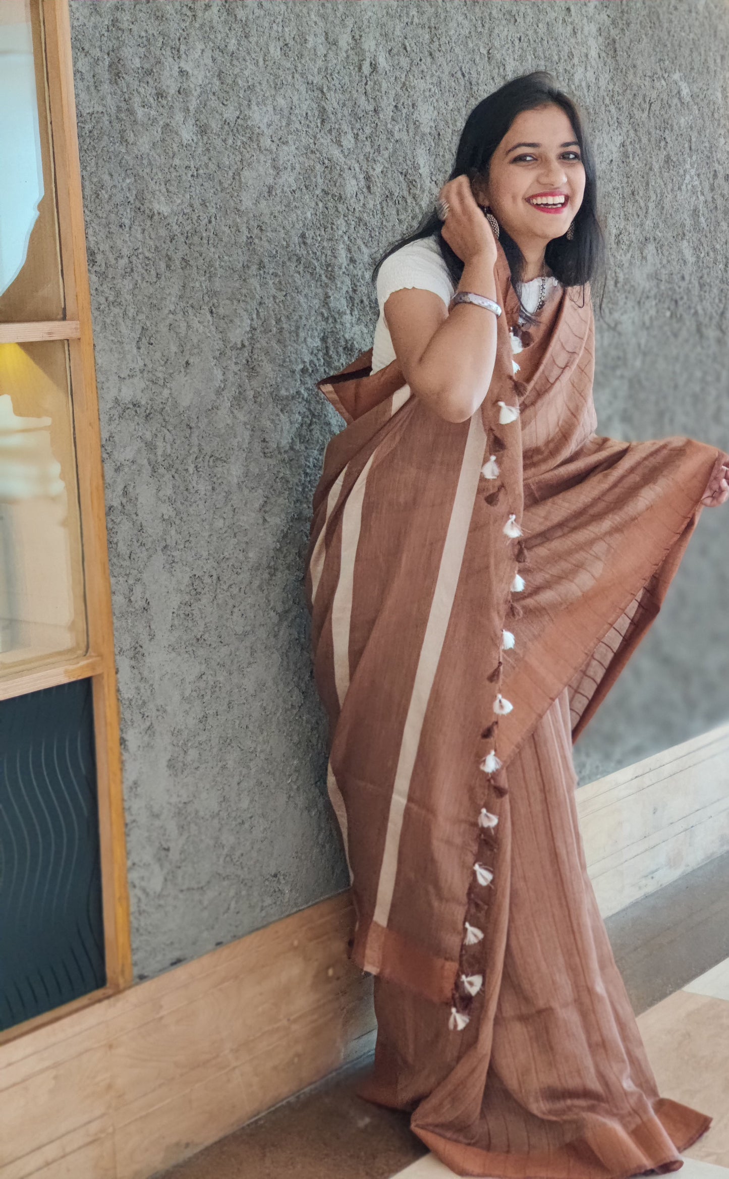 Brown striped kota viscose saree