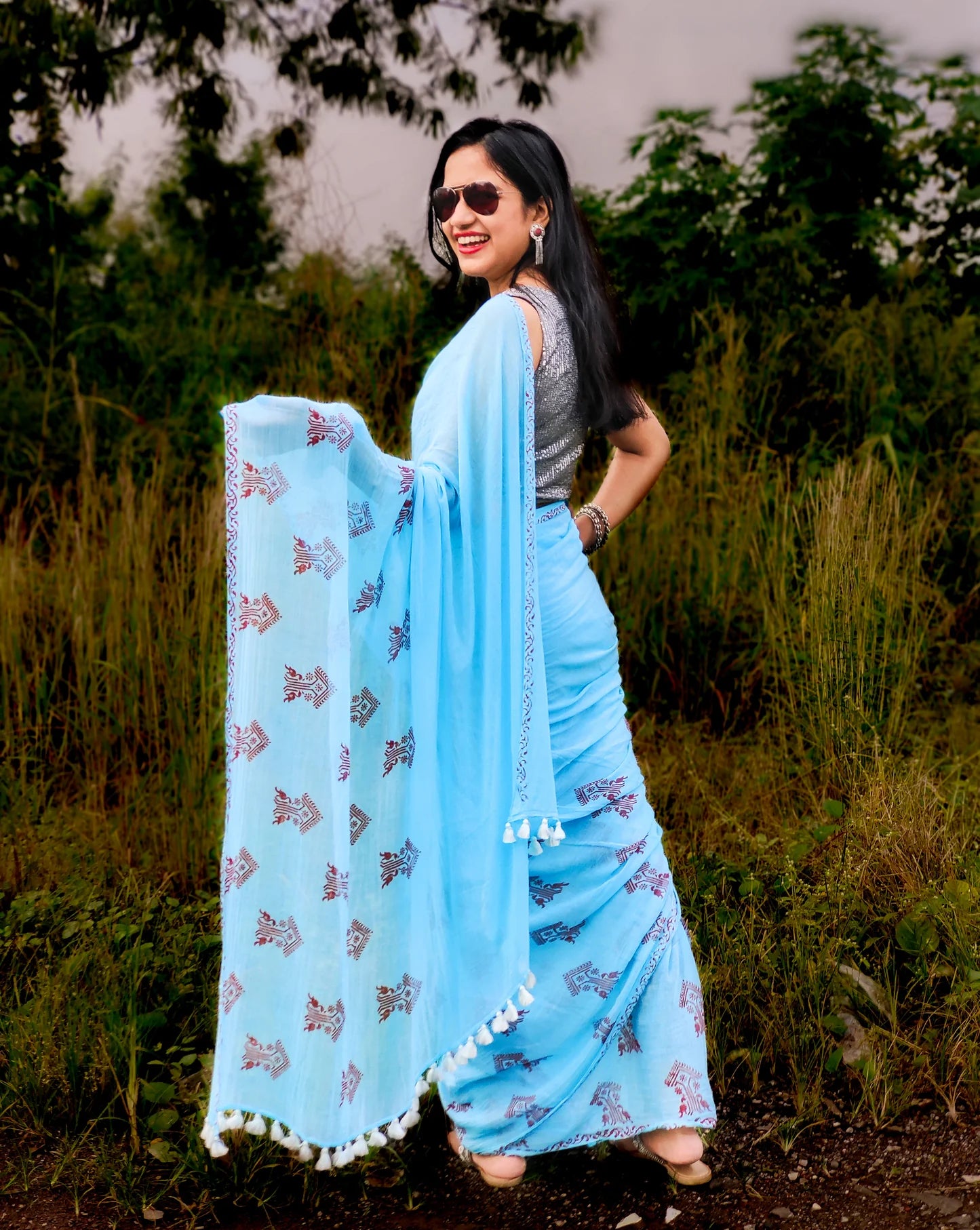 Blue morpho handloom Mul Cotton saree