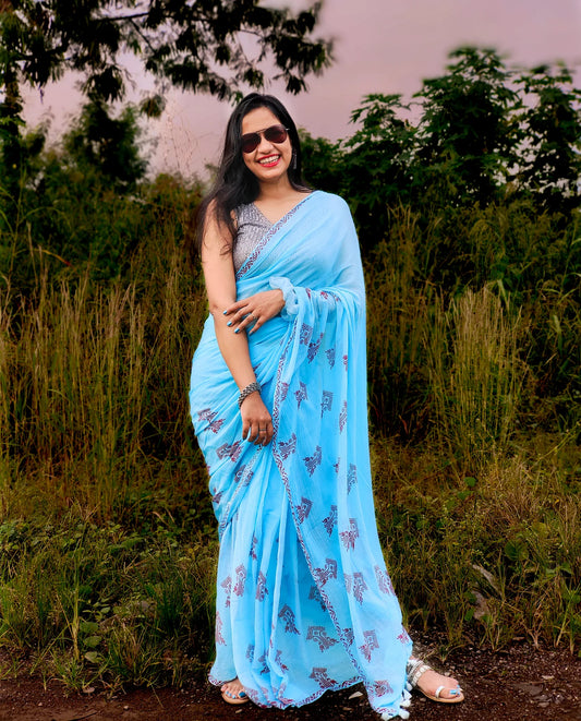 Blue morpho handloom Mul Cotton saree