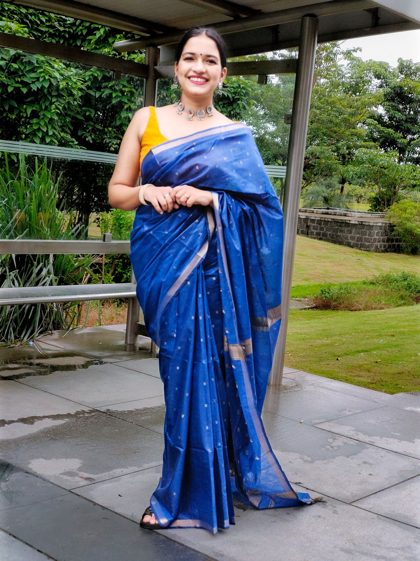 Blue poly Blended silk Zari Mangalagiri Saree