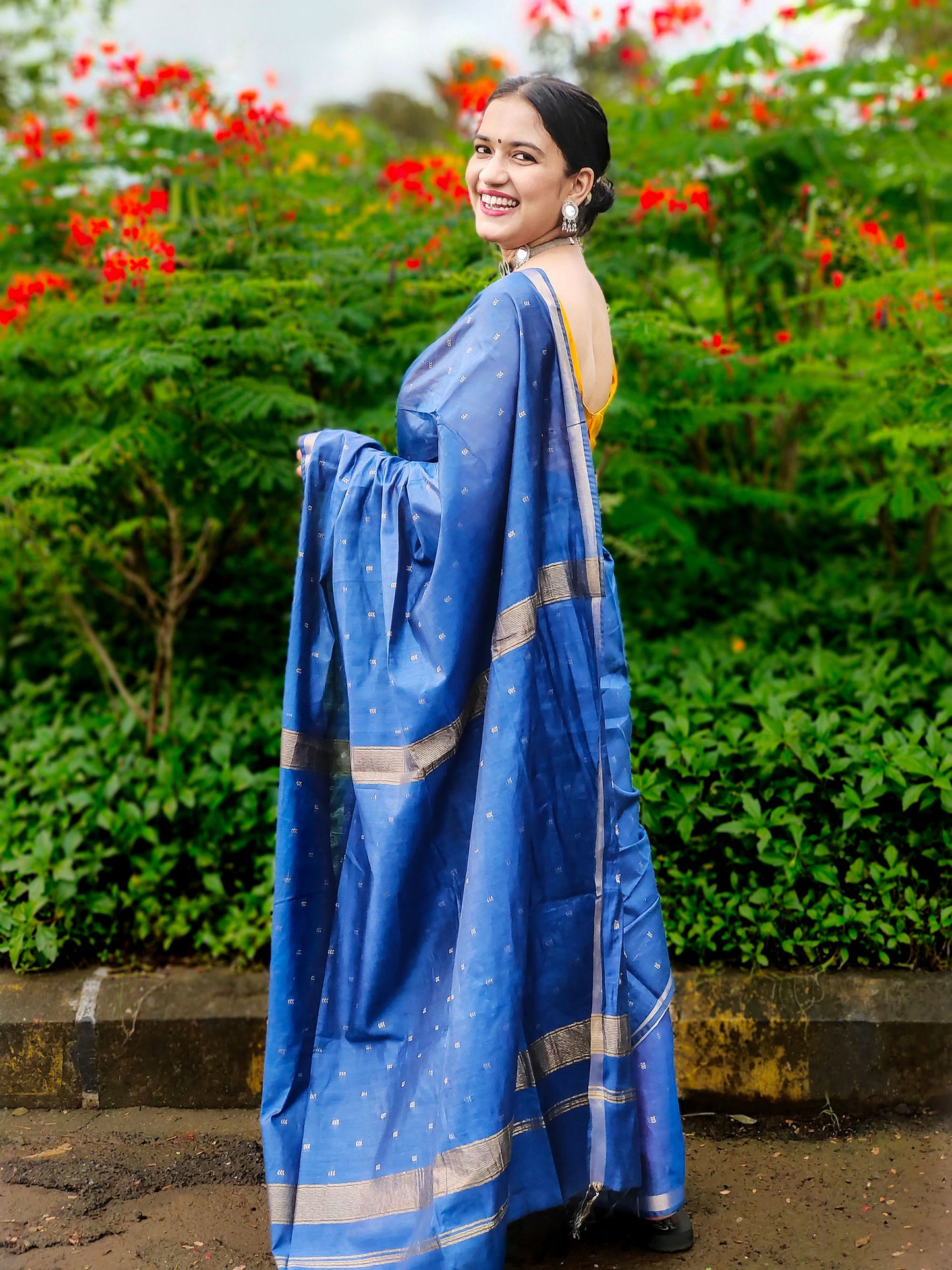 Blue poly Blended silk Zari Mangalagiri Saree