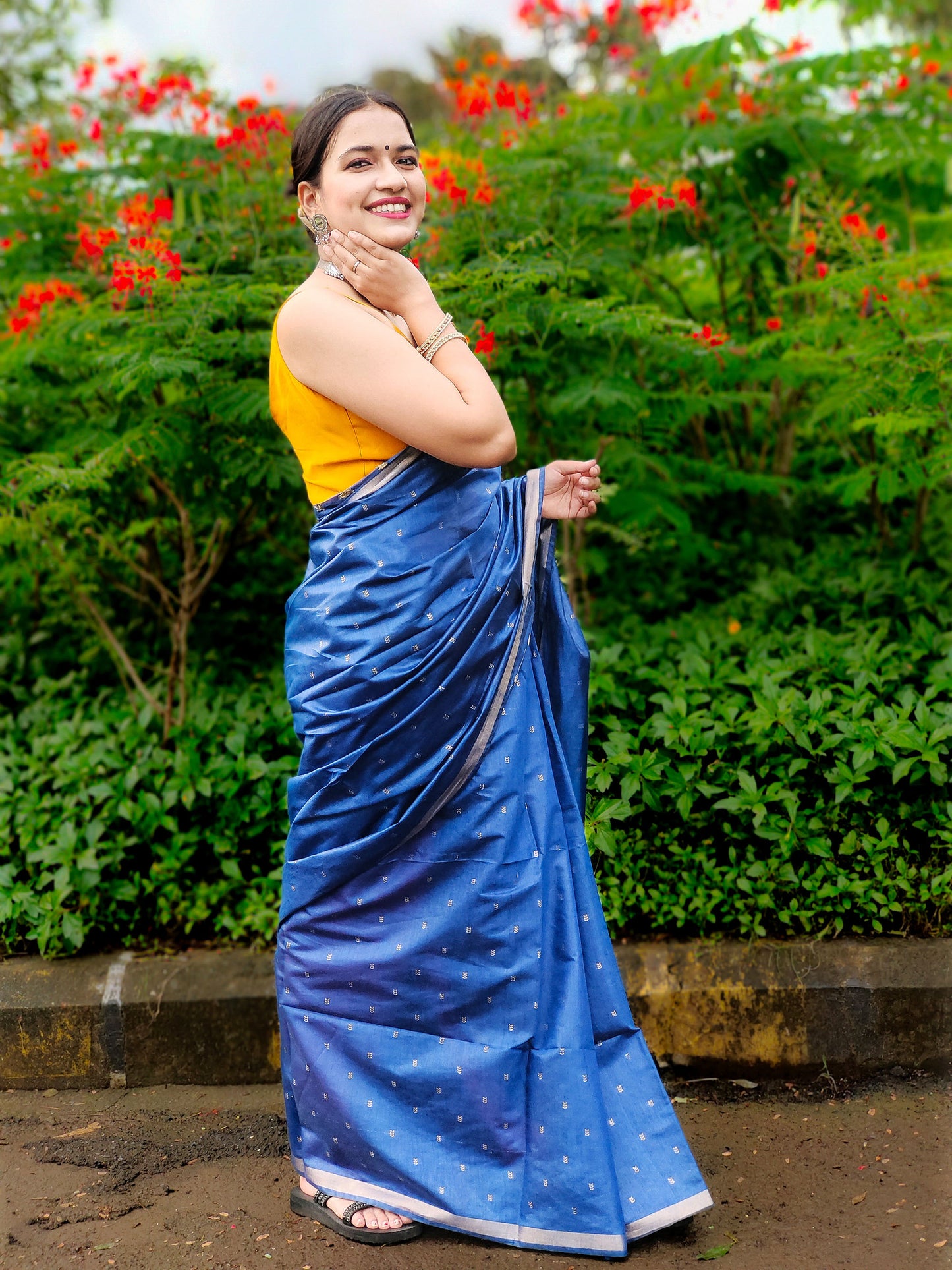 Blue poly Blended silk Zari Mangalagiri Saree