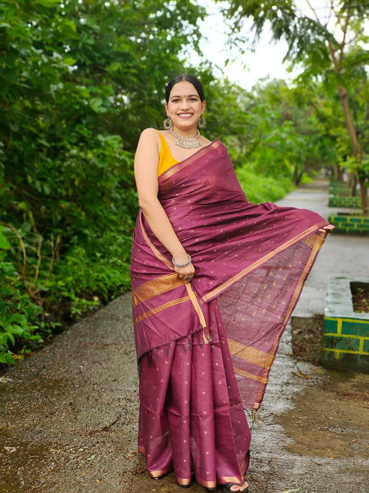 Wine poly Blended silk and Zari saree