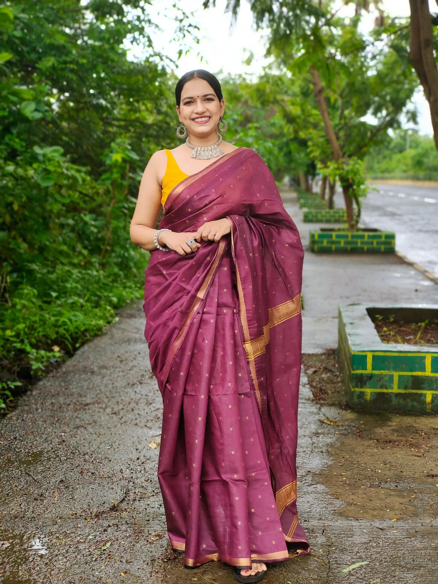 Wine poly Blended silk and Zari saree