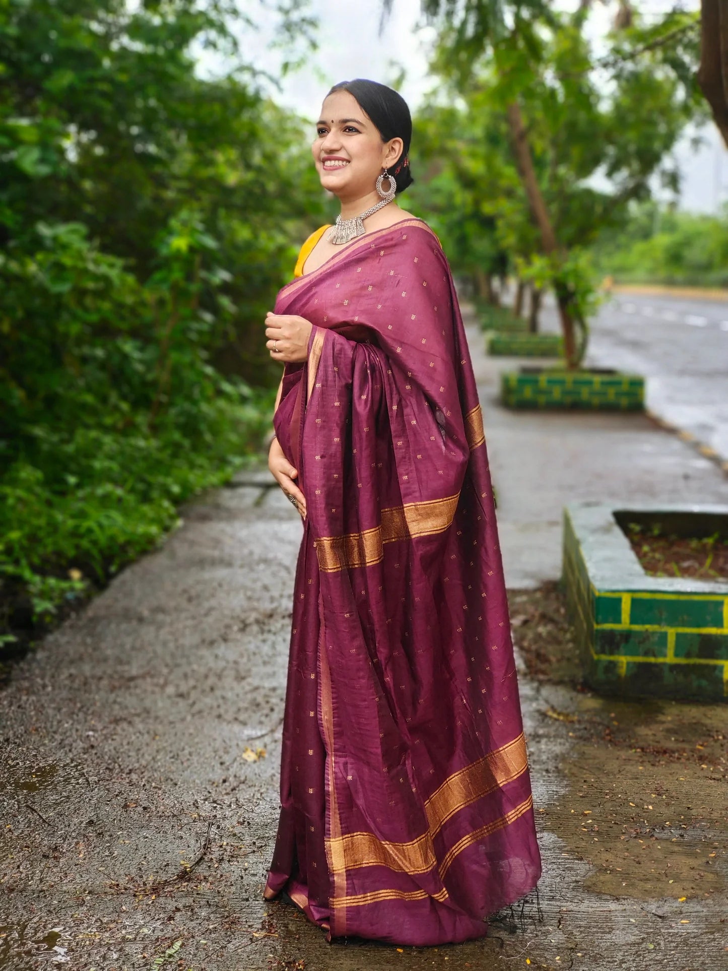 Wine poly Blended silk and Zari saree