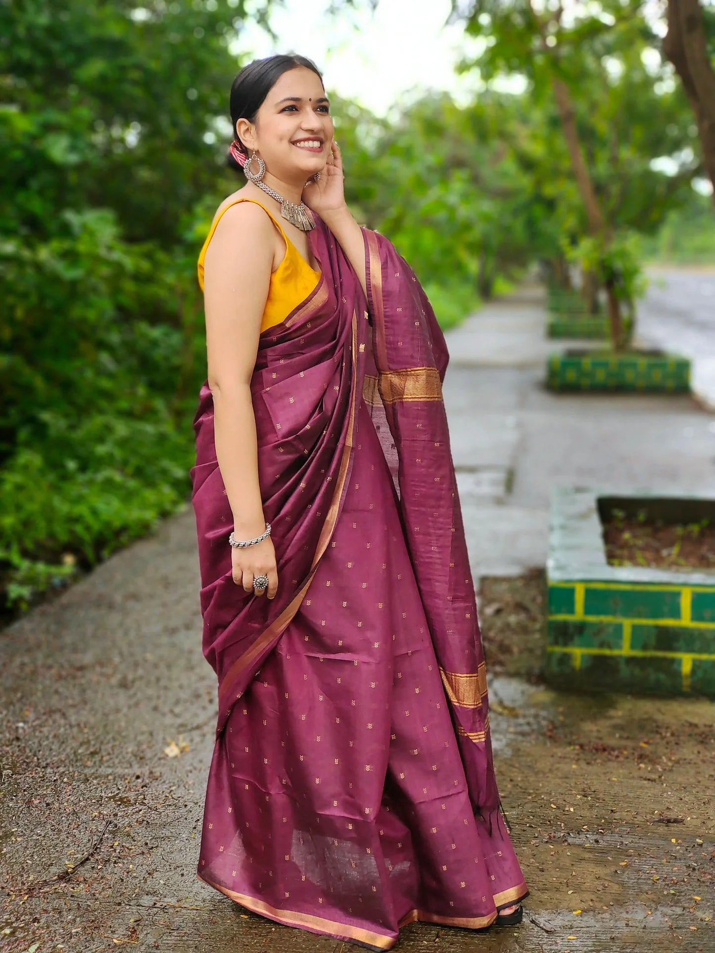 Wine poly Blended silk and Zari saree