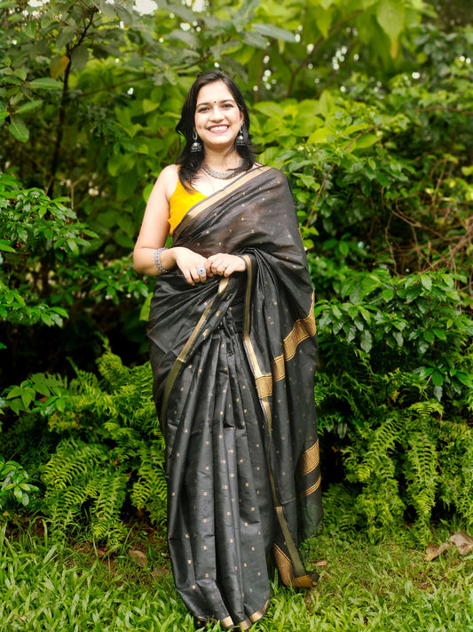 Black poly Blended silk Zari Mangalagiri Saree