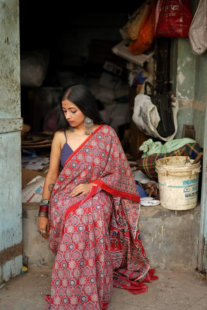 Classical Beauty - Red Ajrakh - Cotton Mulmul Handblock Print Saree