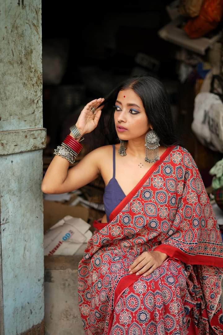 Classical Beauty - Red Ajrakh - Cotton Mulmul Handblock Print Saree