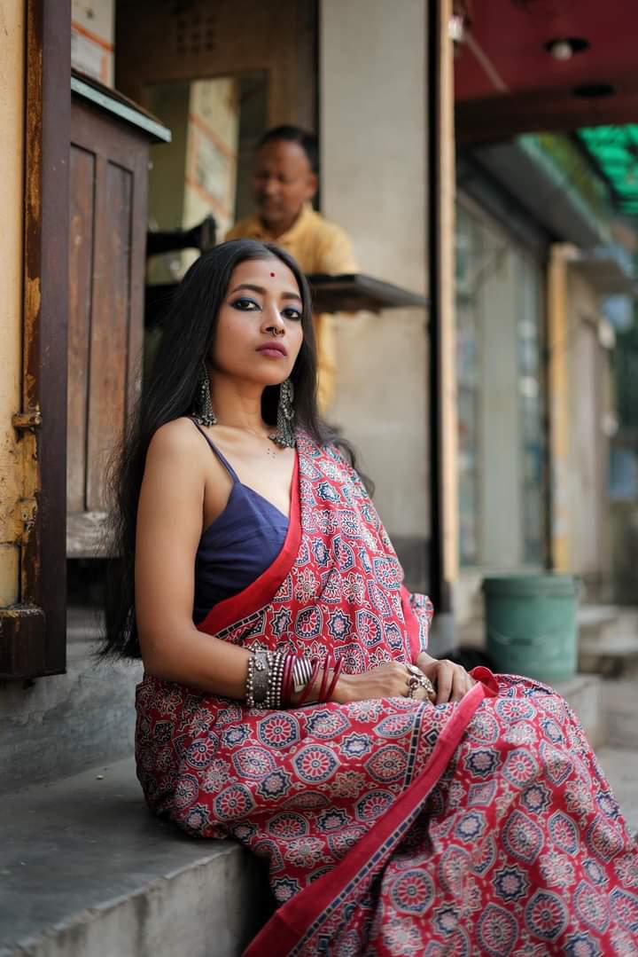 Classical Beauty - Red Ajrakh - Cotton Mulmul Handblock Print Saree