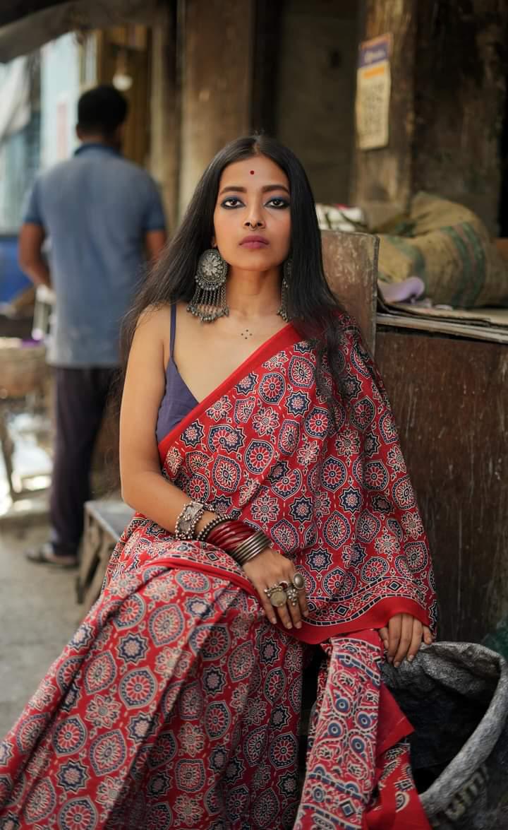 Classical Beauty - Red Ajrakh - Cotton Mulmul Handblock Print Saree