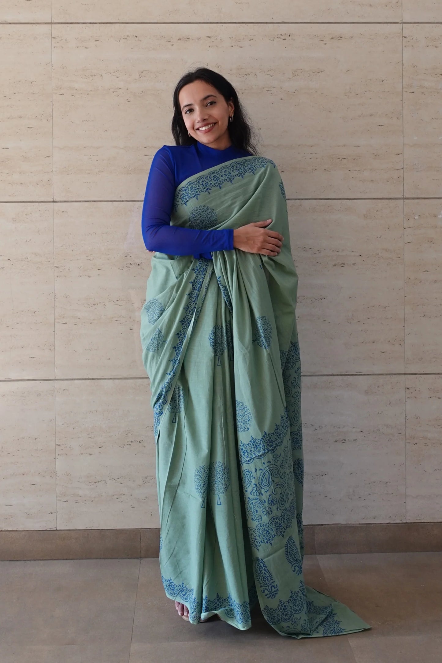 Seaside Serenity- Handblock Print Natural Dyed - Sage Green Mulmul Cotton Saree