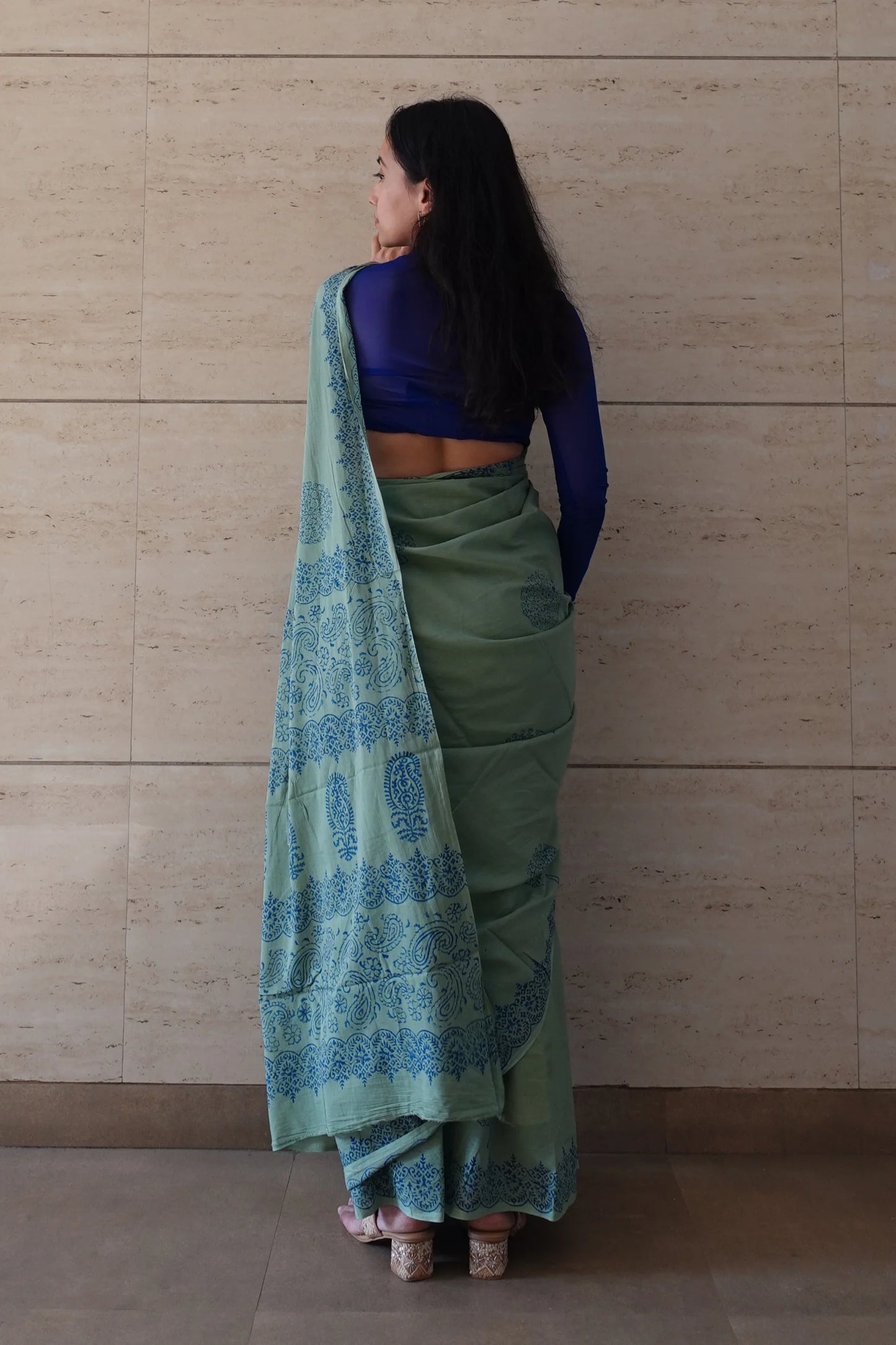 Seaside Serenity- Handblock Print Natural Dyed - Sage Green Mulmul Cotton Saree