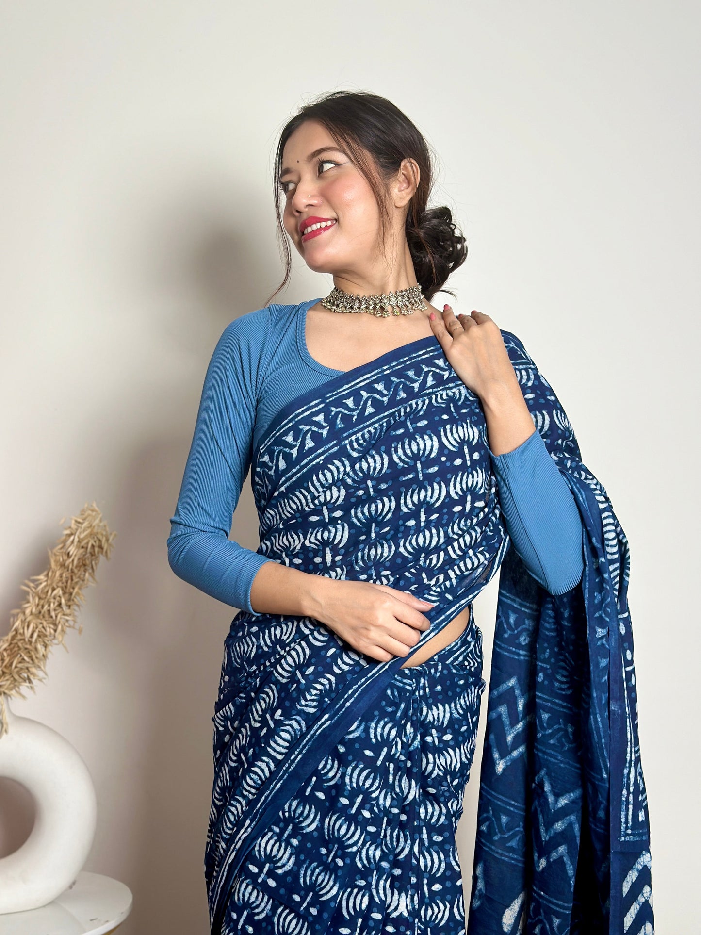 Indigo Lotus - Blue Handblock Dabu in Natural Dyes - Cotton Mulmul Saree