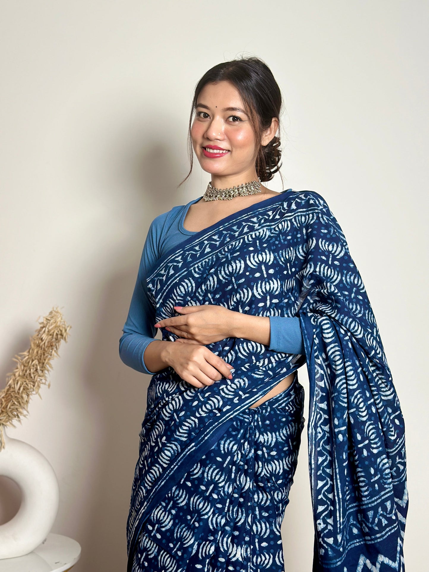 Indigo Lotus - Blue Handblock Dabu in Natural Dyes - Cotton Mulmul Saree