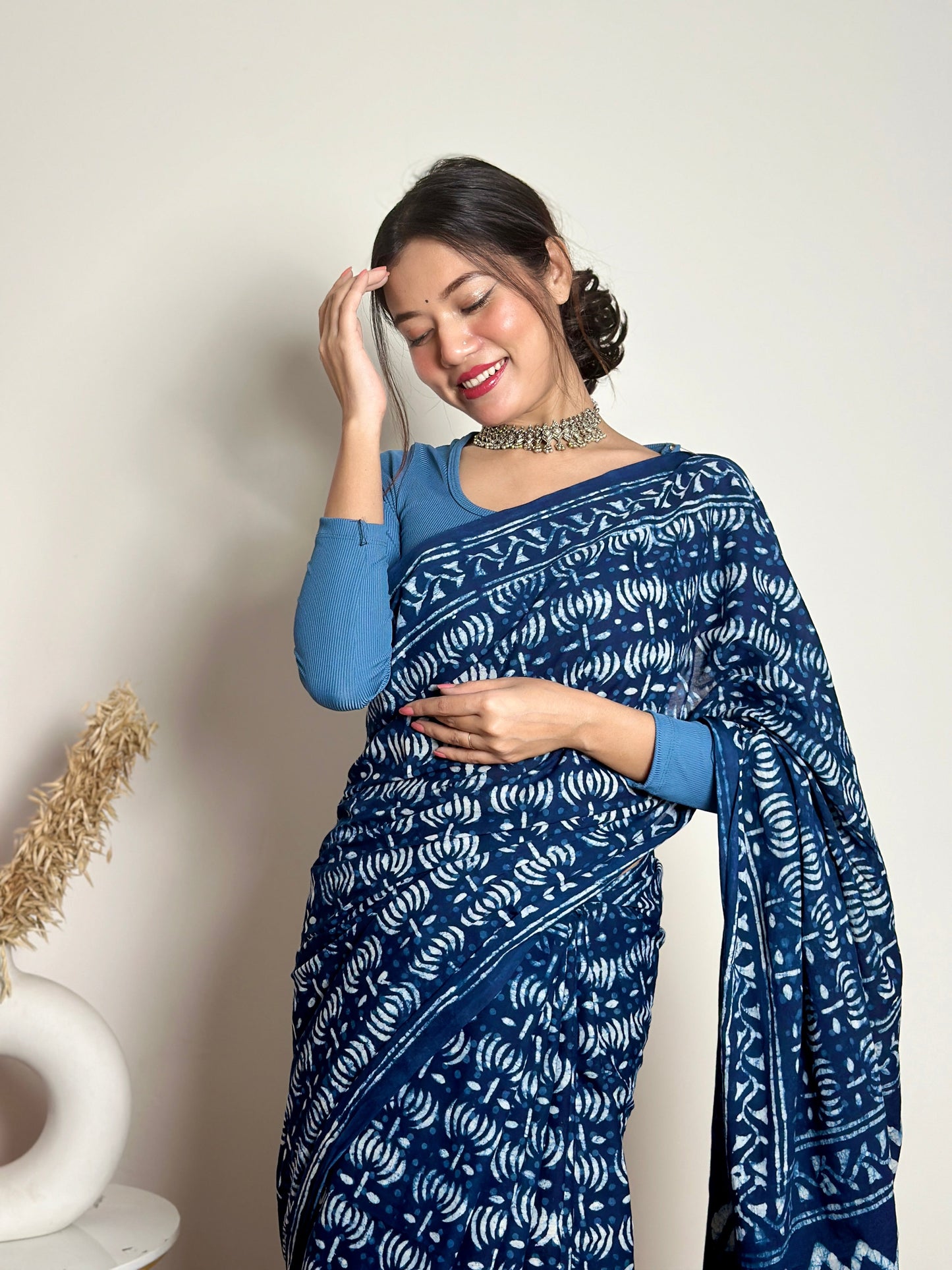 Indigo Lotus - Blue Handblock Dabu in Natural Dyes - Cotton Mulmul Saree