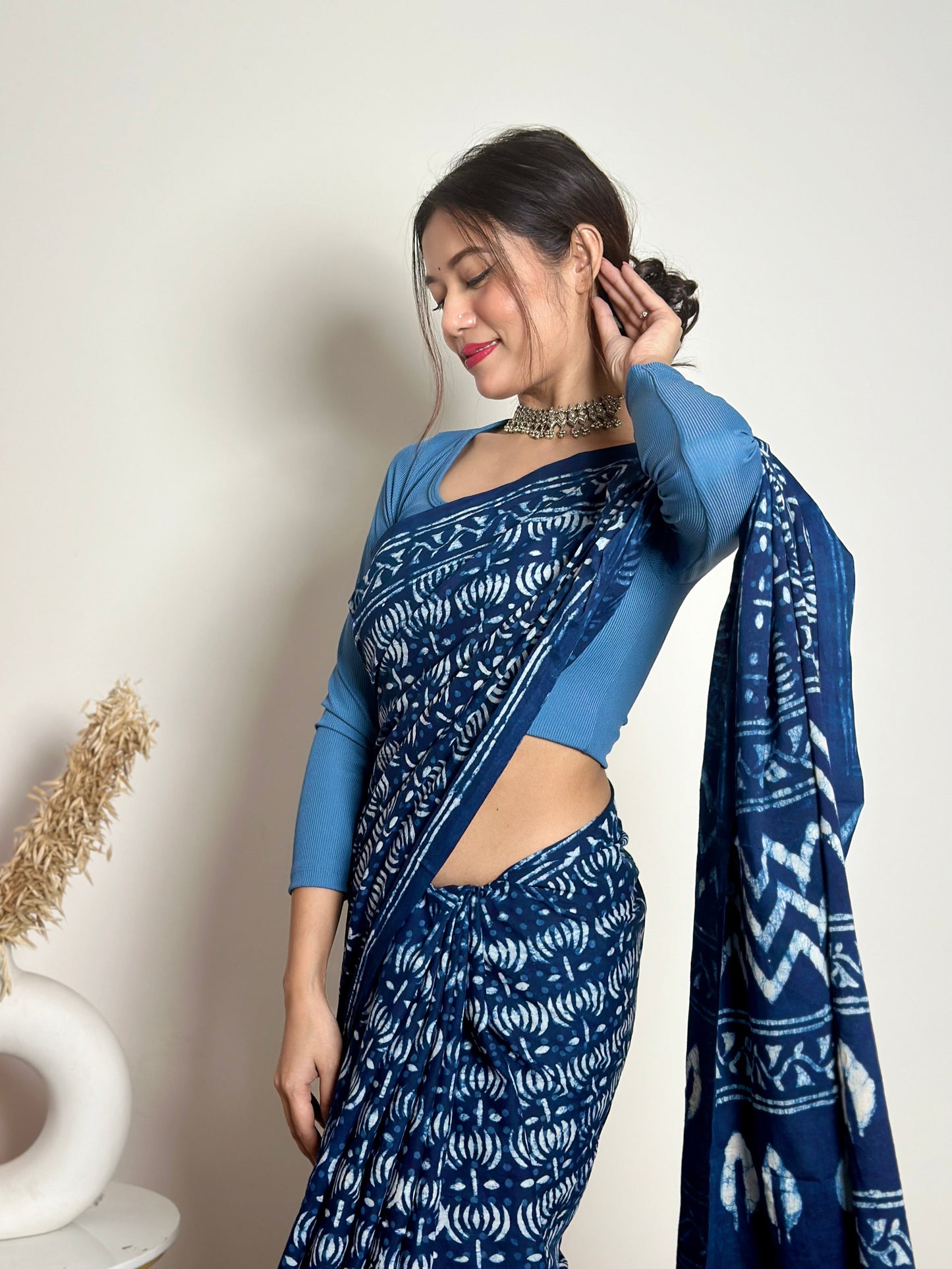 Indigo Lotus - Blue Handblock Dabu in Natural Dyes - Cotton Mulmul Saree