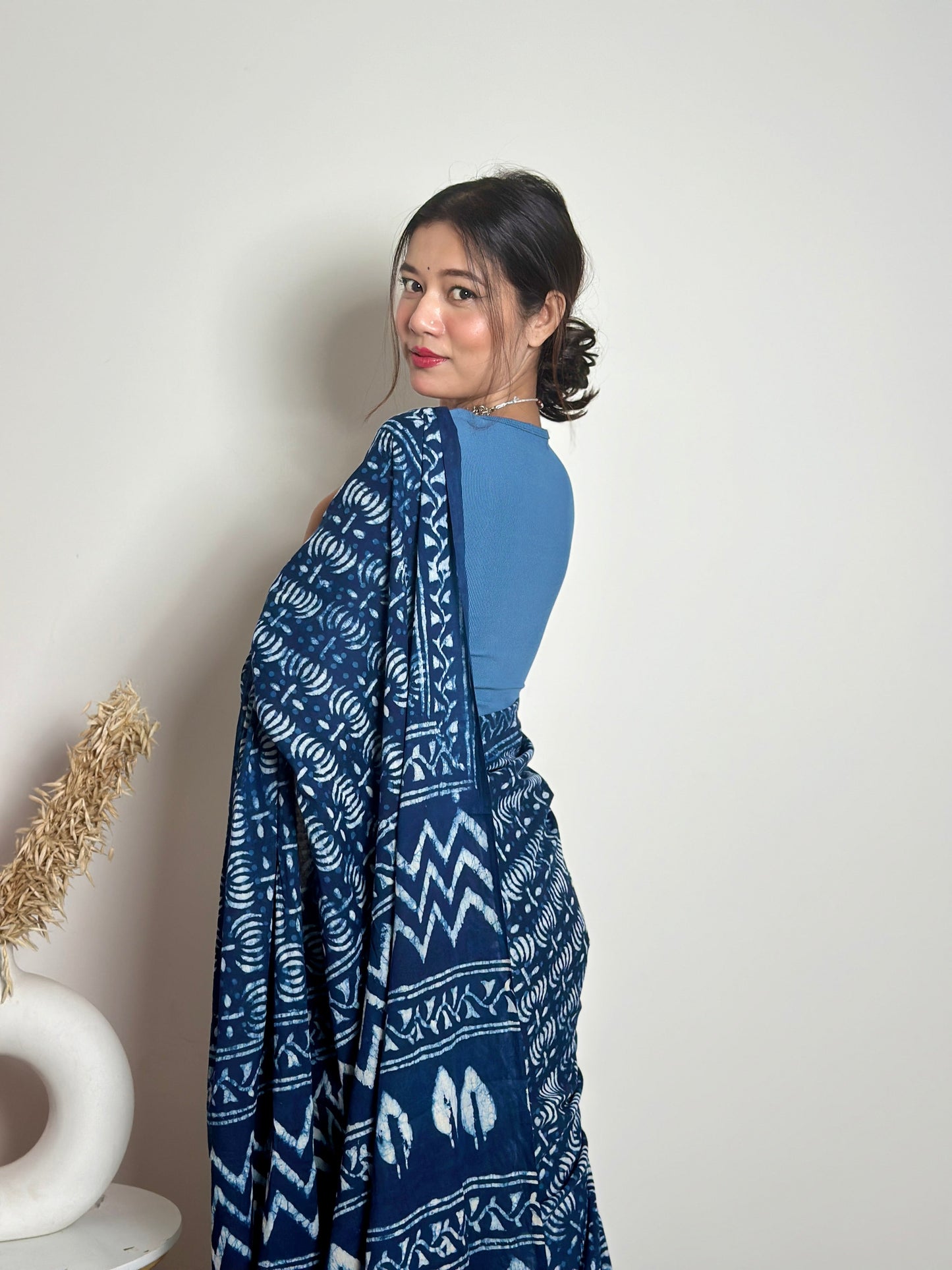 Indigo Lotus - Blue Handblock Dabu in Natural Dyes - Cotton Mulmul Saree